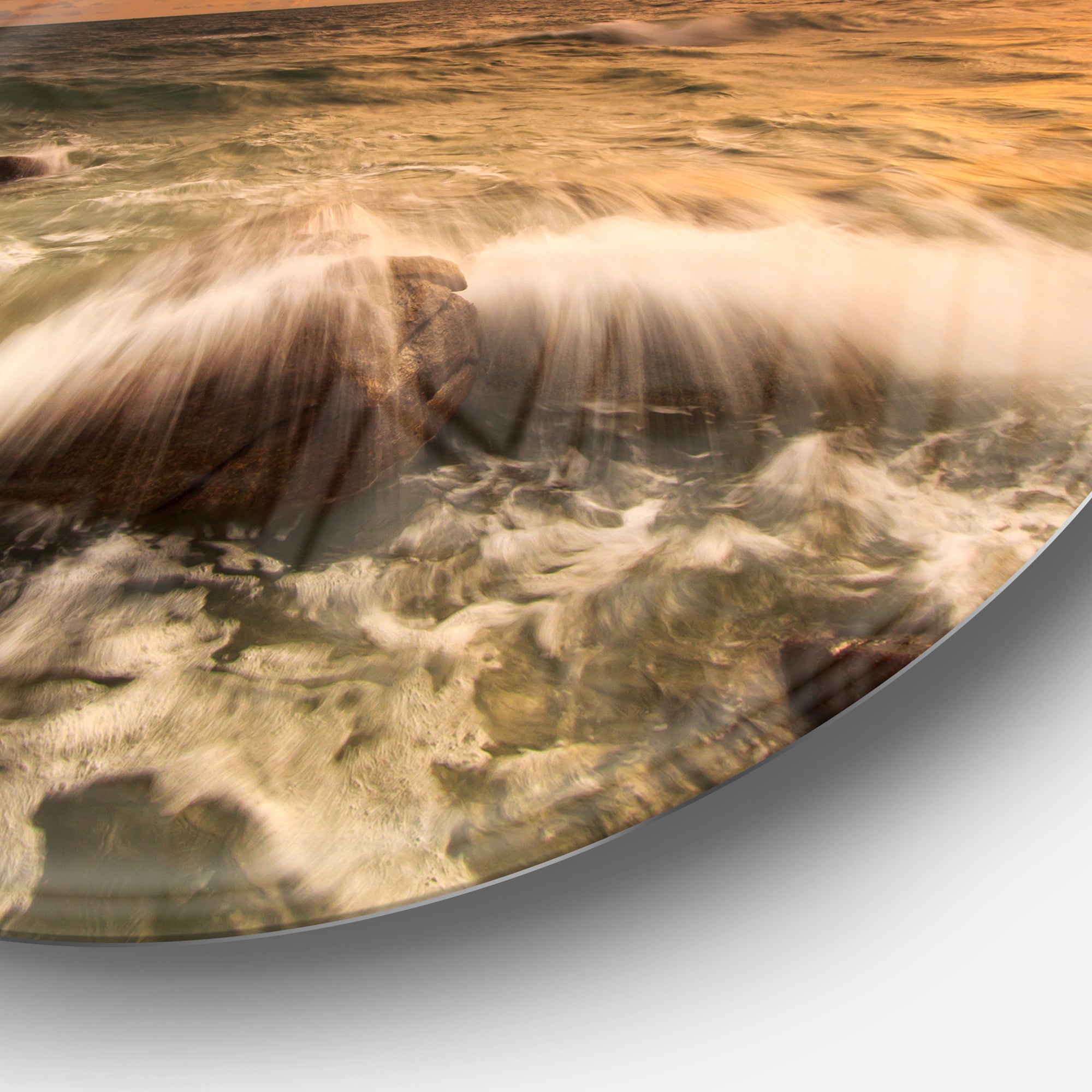 Rushing Ocean Waves into Rocks' Seascape Metal Circle Wall Art