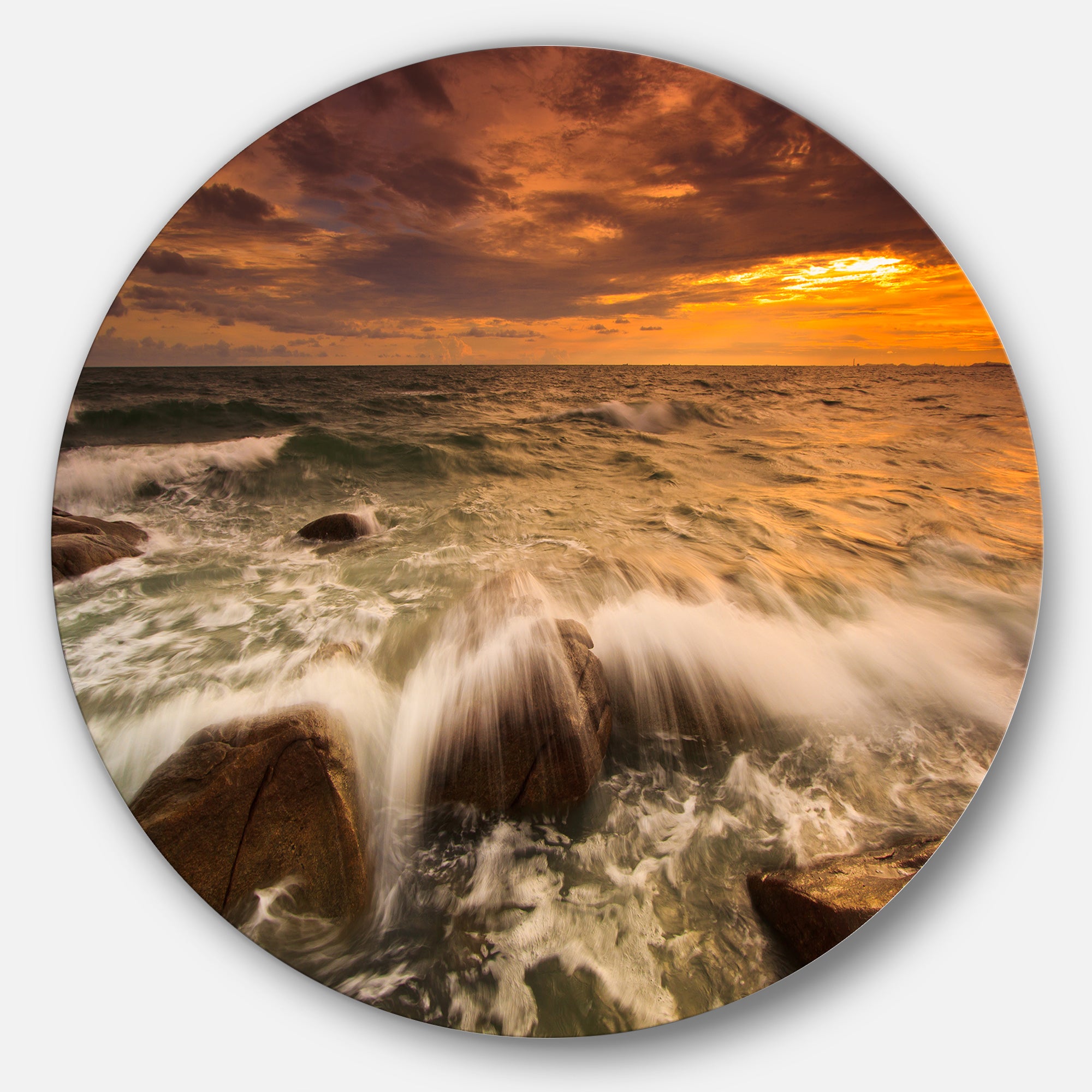 Rushing Ocean Waves into Rocks' Seascape Metal Circle Wall Art