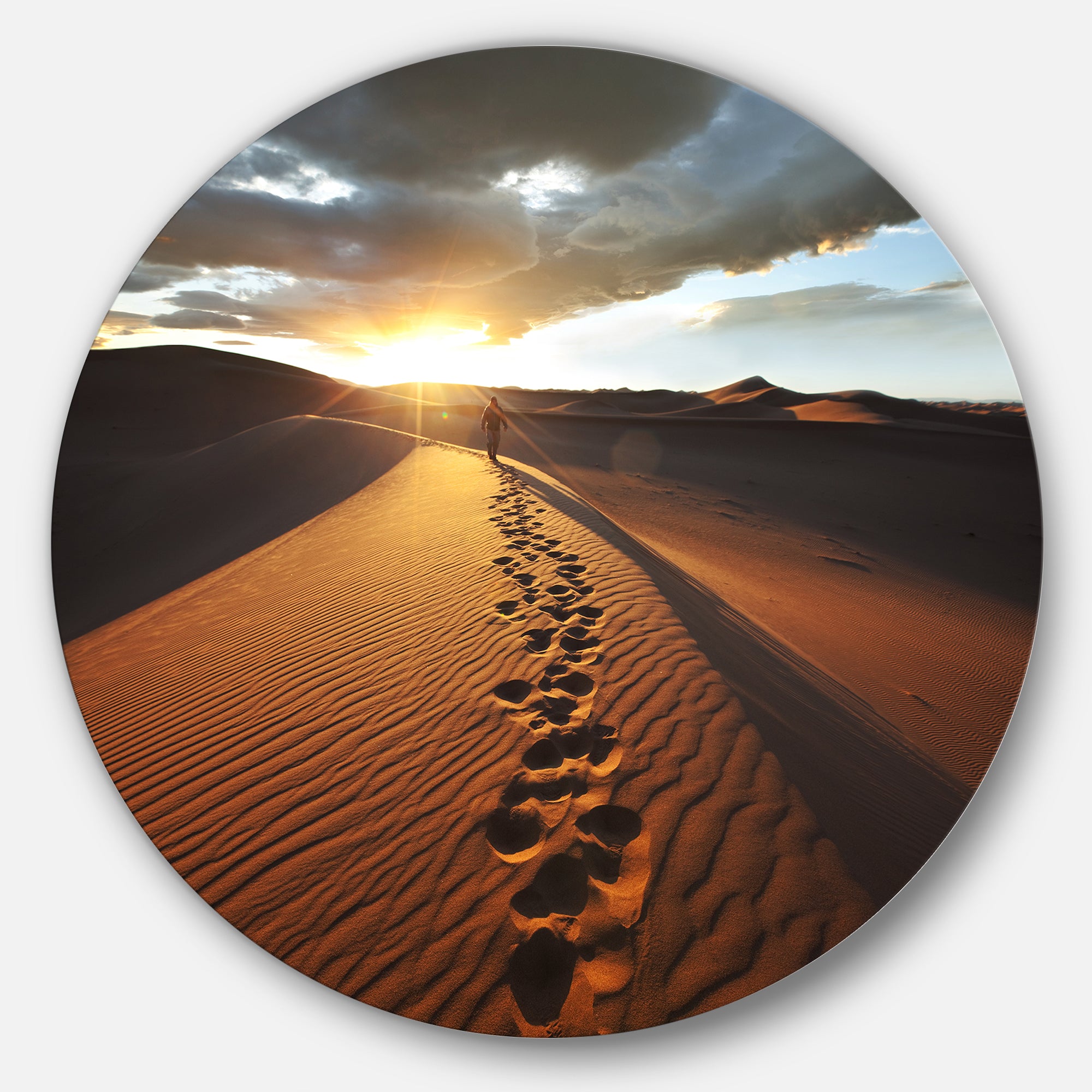 Hiking Path in Desert at Sunset' Landscape Metal Circle Wall Art