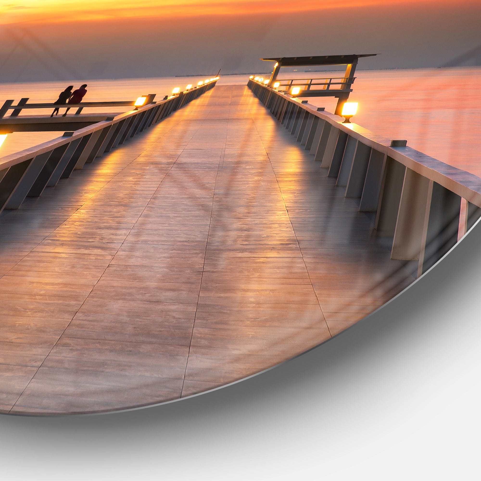 Yellowish Sky and Long Wooden Bridge' Pier Seascape Metal Circle Wall Art