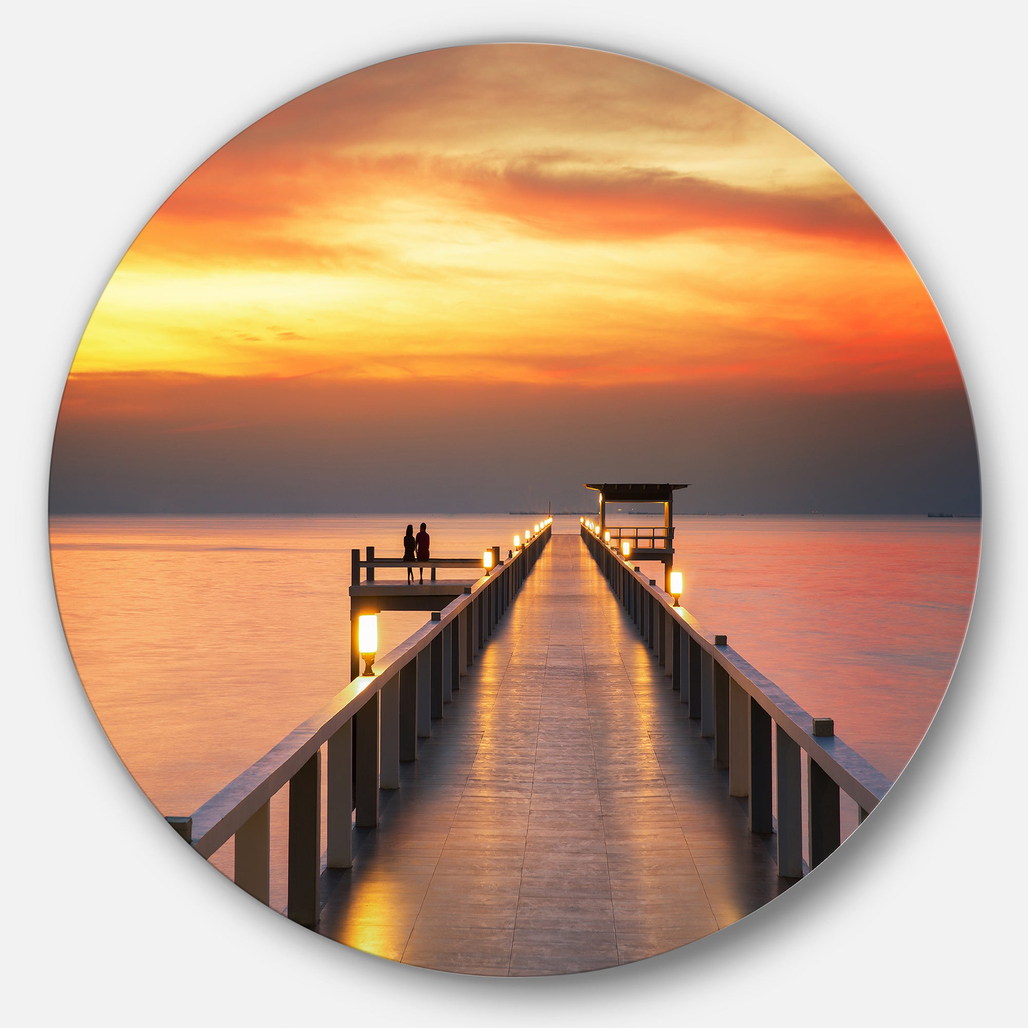 Yellowish Sky and Long Wooden Bridge' Pier Seascape Metal Circle Wall Art