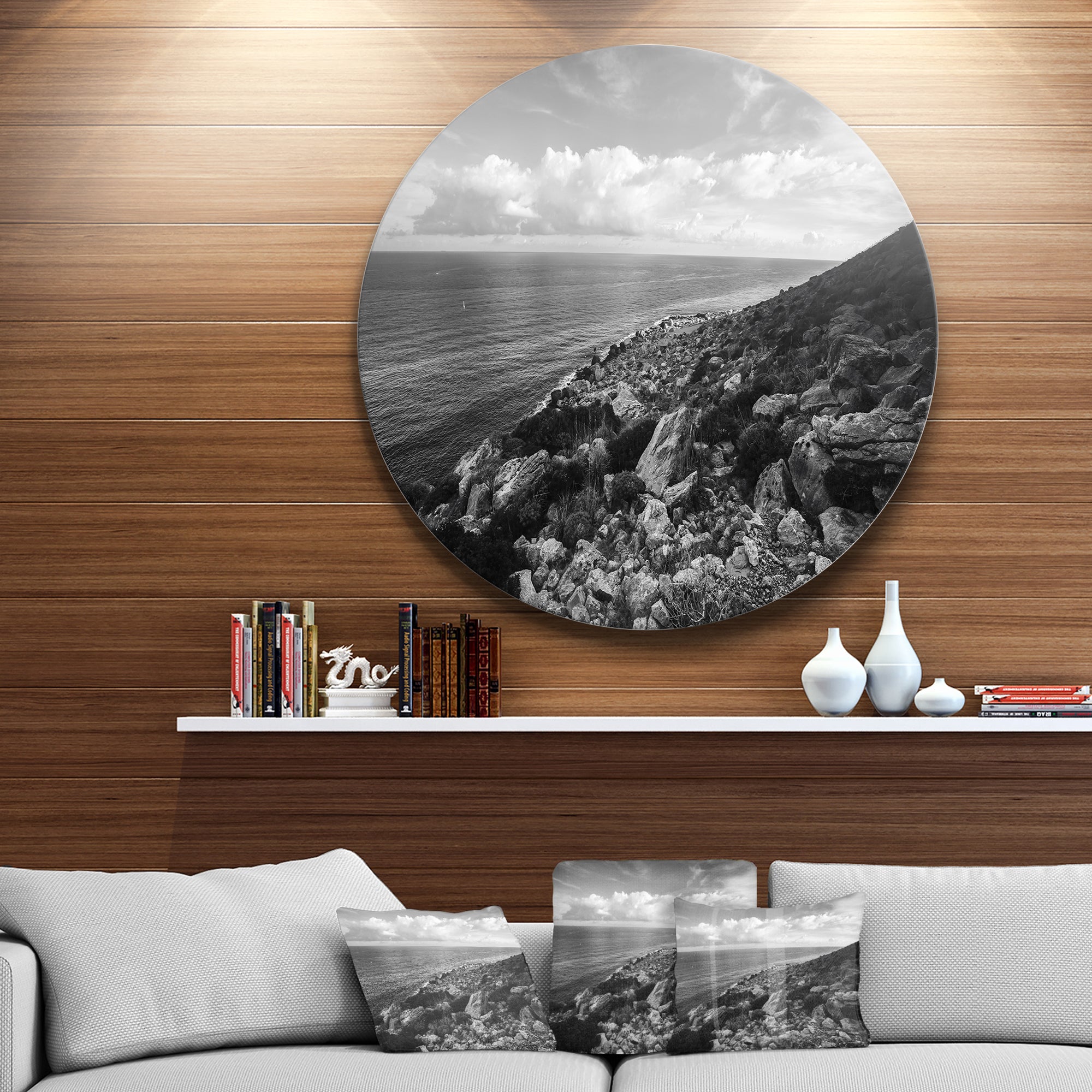 Sunrise over Sicily Black and White' Beach Photo Metal Circle Wall Art