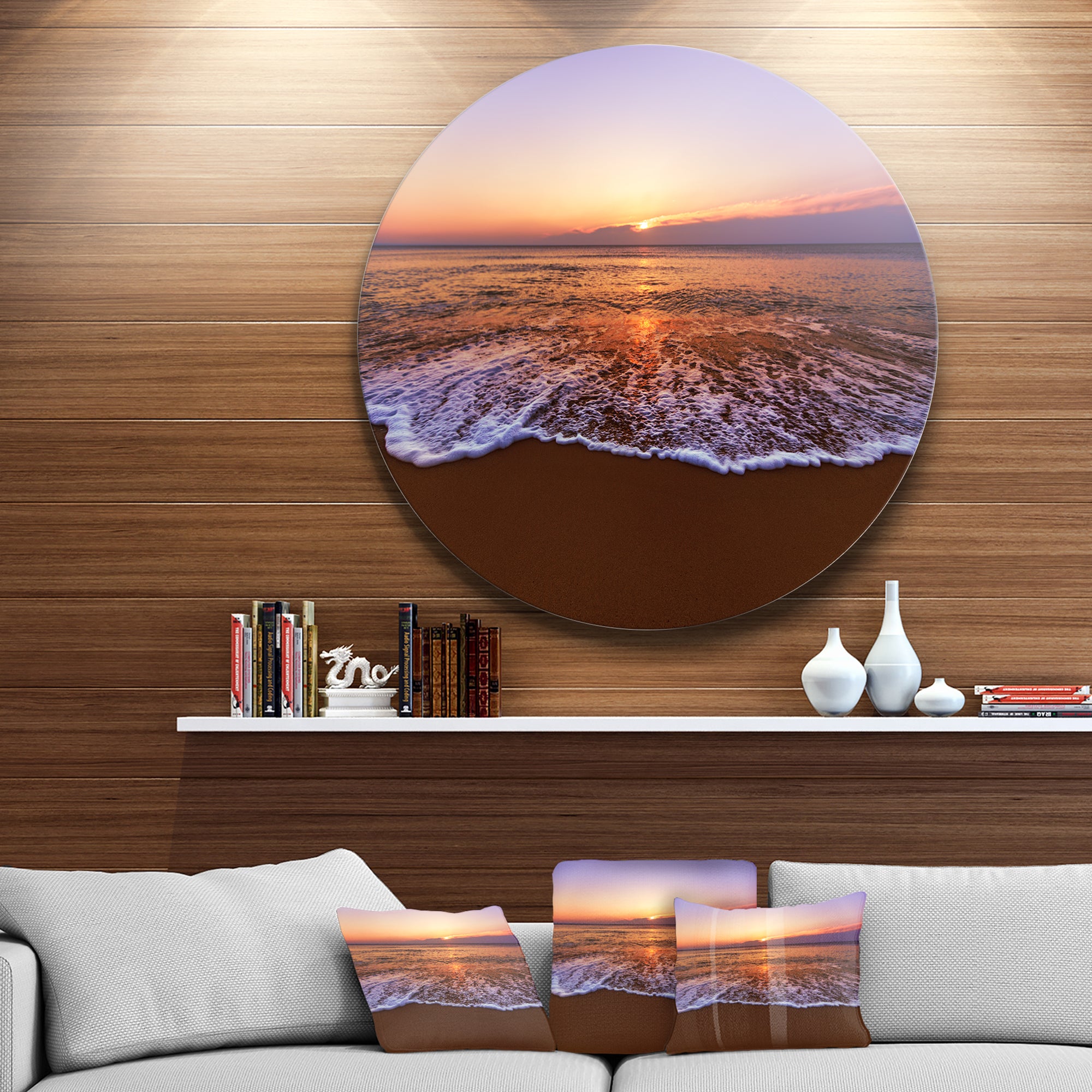Orange Tinged Sea Waters at Sunset' Beach Photo Metal Circle Wall Art
