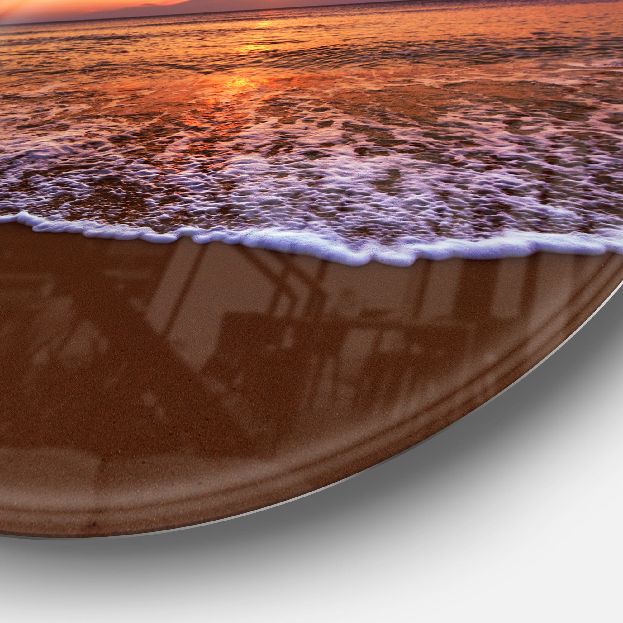 Orange Tinged Sea Waters at Sunset' Beach Photo Metal Circle Wall Art