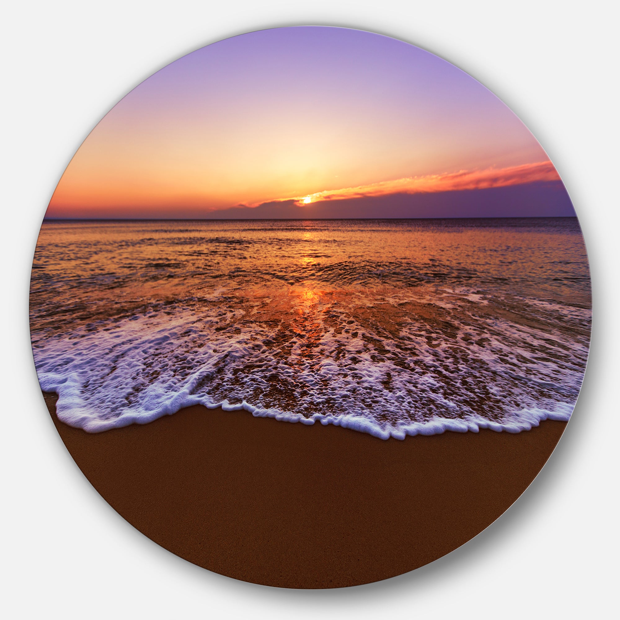 Orange Tinged Sea Waters at Sunset' Beach Photo Metal Circle Wall Art