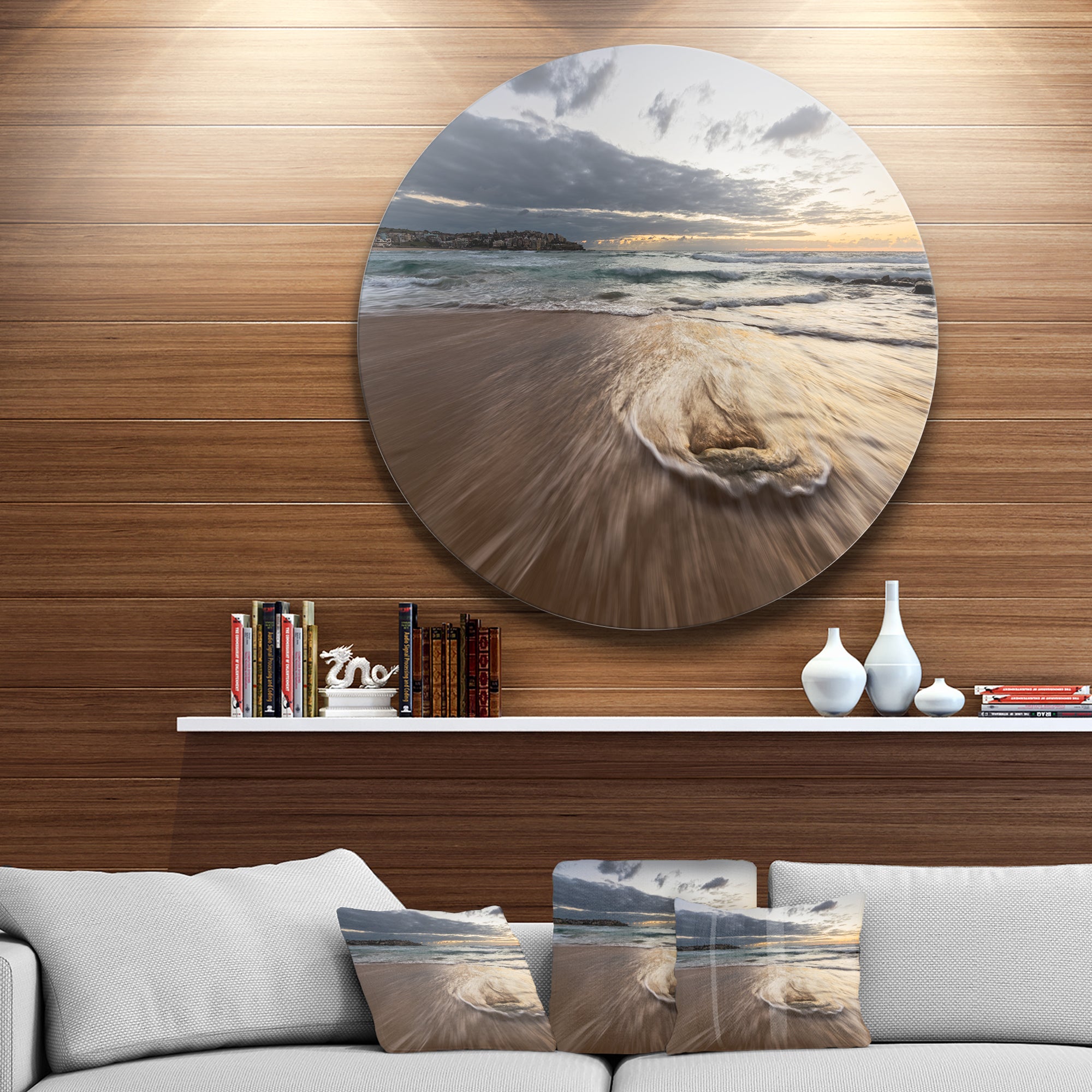 Morning with Playful Surf and Pleasant Sky' Seashore Metal Circle Wall Art