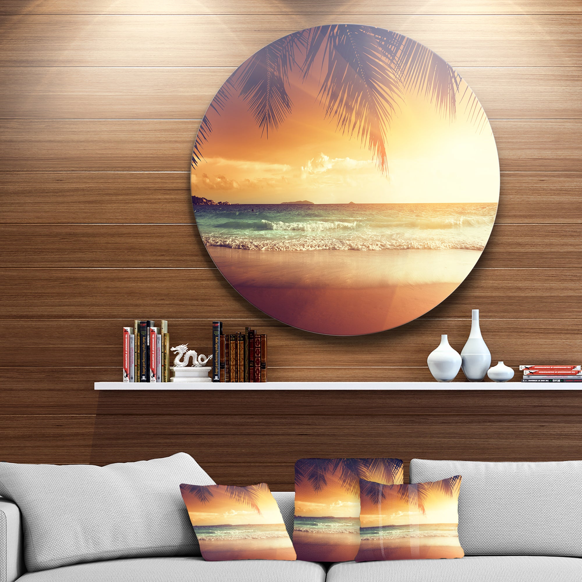 Palm Leaves on Caribbean Seashore' Seashore Metal Circle Wall Art