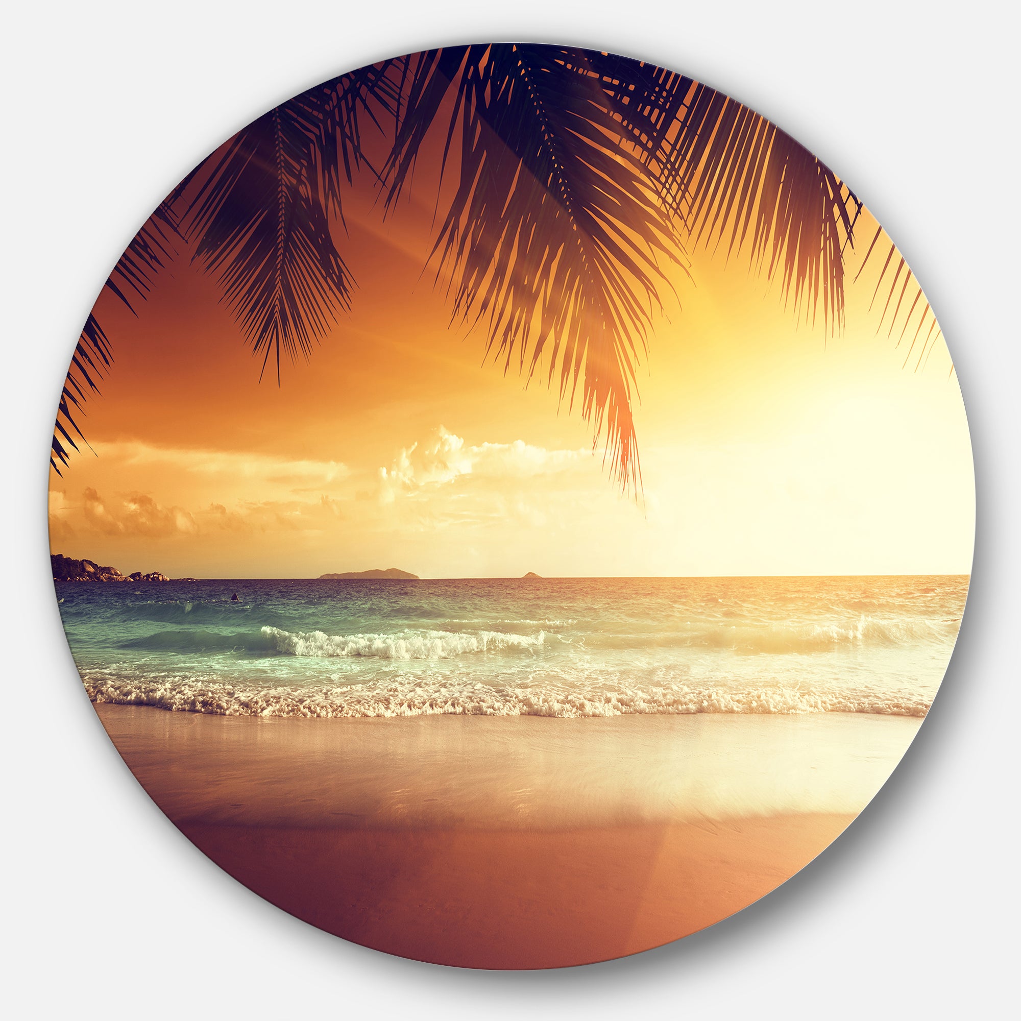 Palm Leaves on Caribbean Seashore' Seashore Metal Circle Wall Art