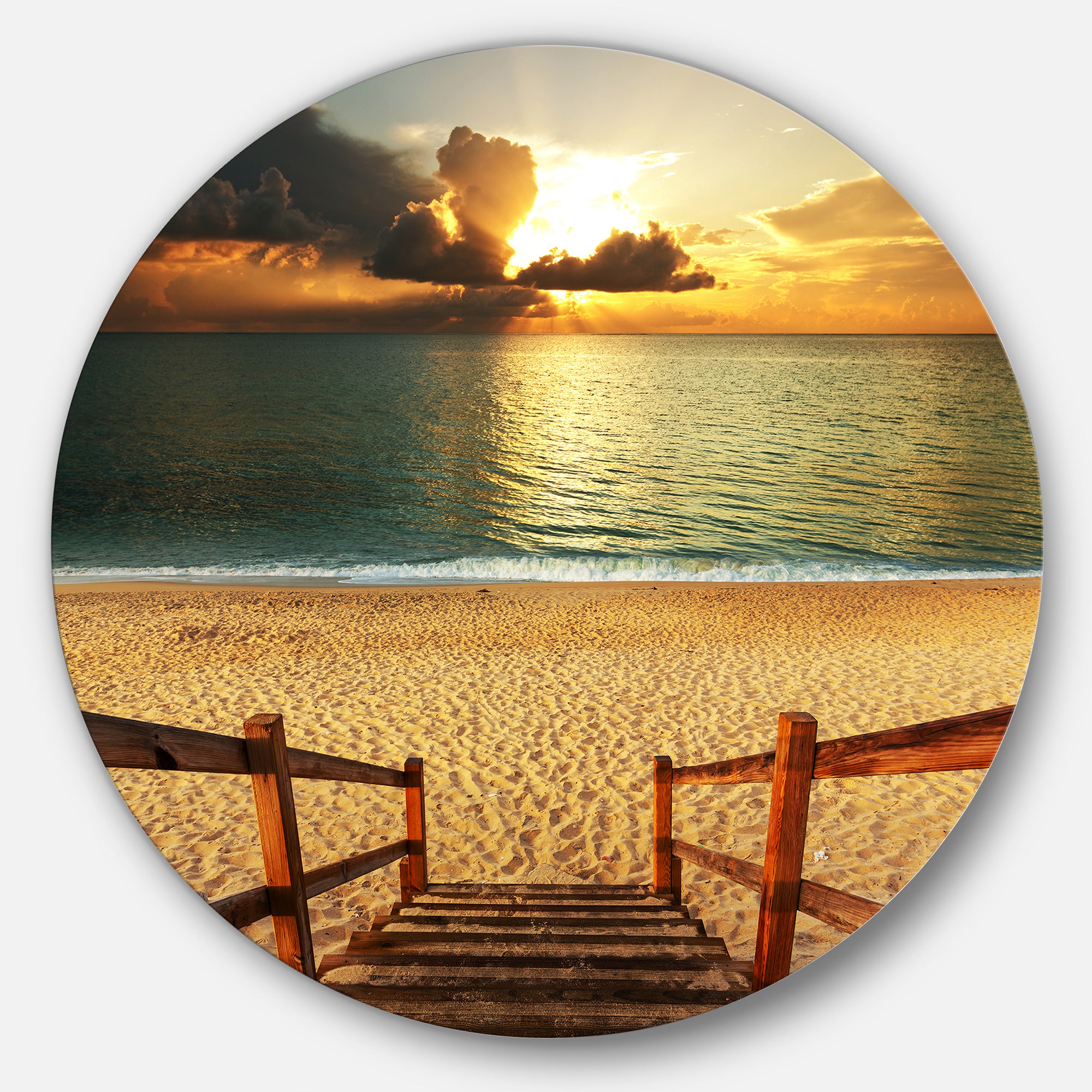 Boardwalk Stair into Sandy Beach' Bridge Metal Circle Wall Art