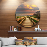 Long Wooden Stairs into the Sea' Bridge Metal Circle Wall Art