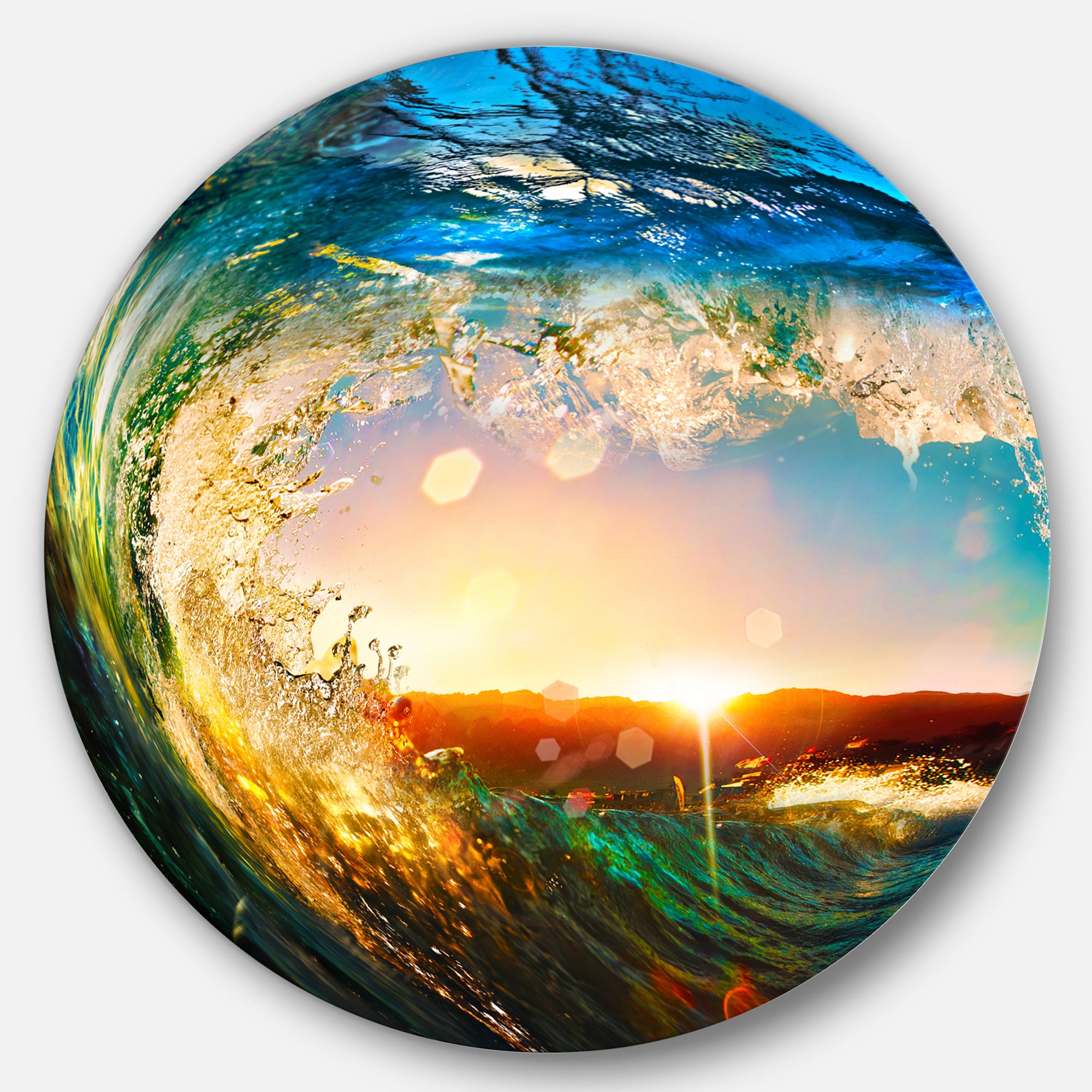 Colored Ocean Waves Falling Down' Seashore Metal Circle Wall Art