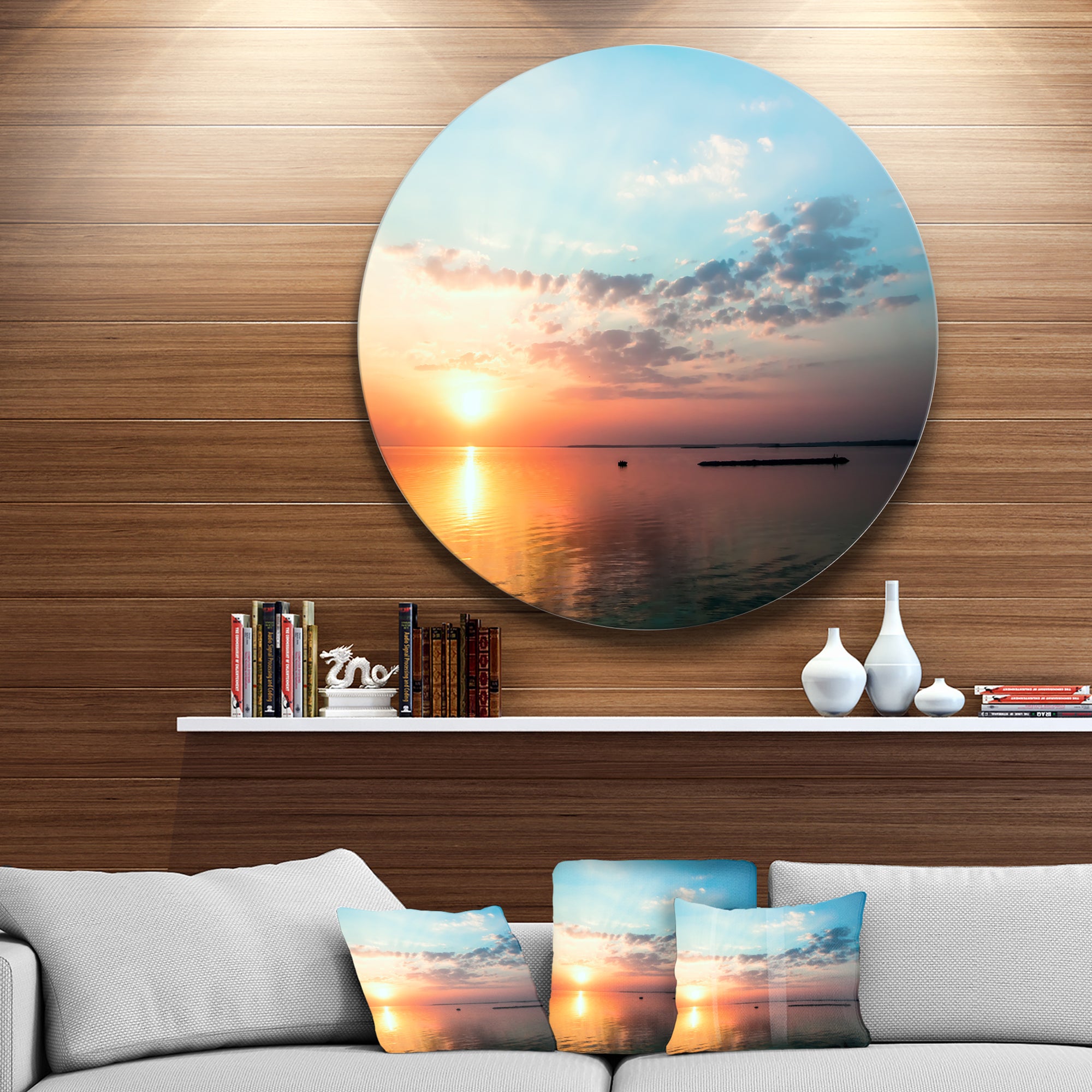 Dramatic Sunset Cloudy Sky' Oversized Beach Metal Circle Wall Art