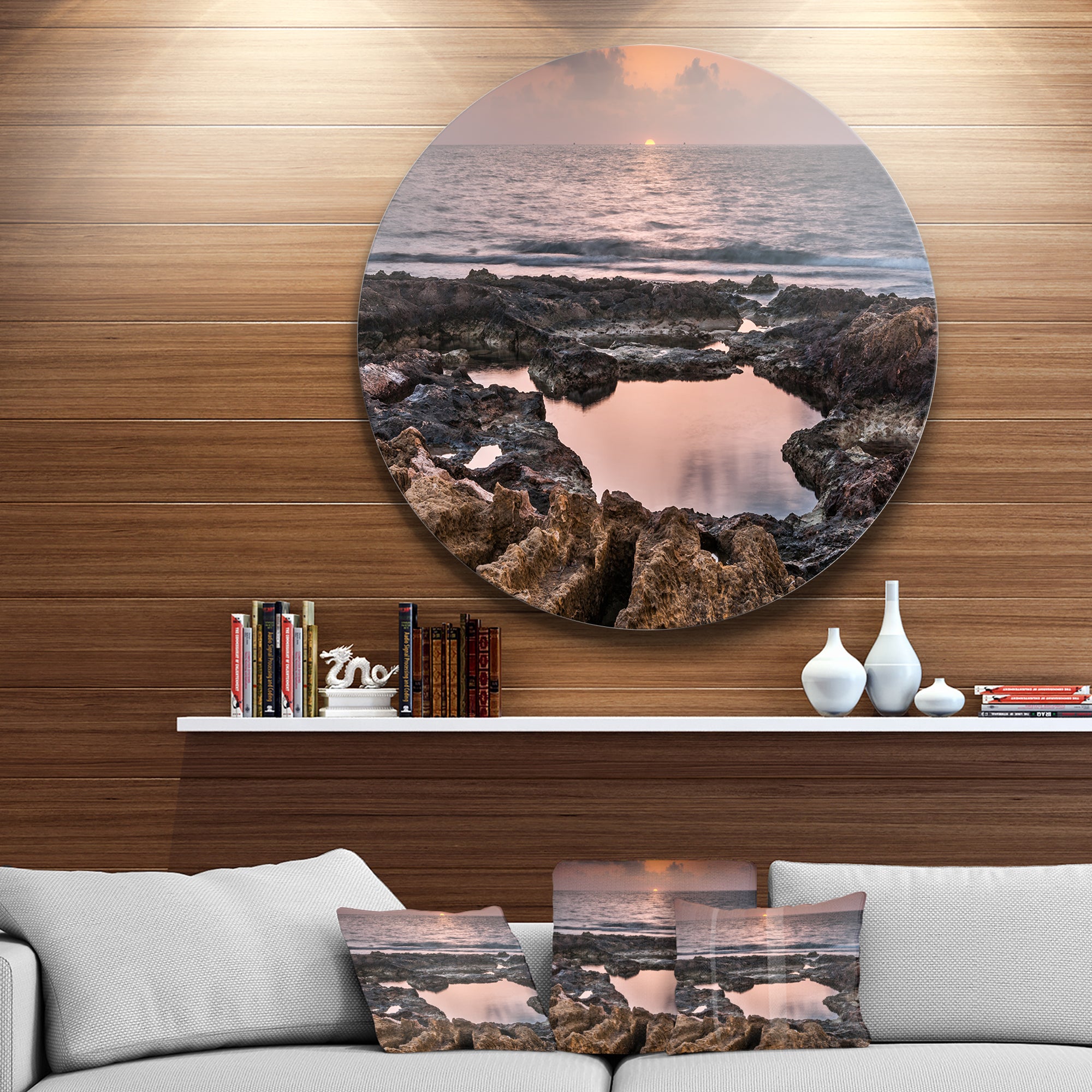 Rocky African Coastline Sunset' Oversized Beach Metal Circle Wall Art