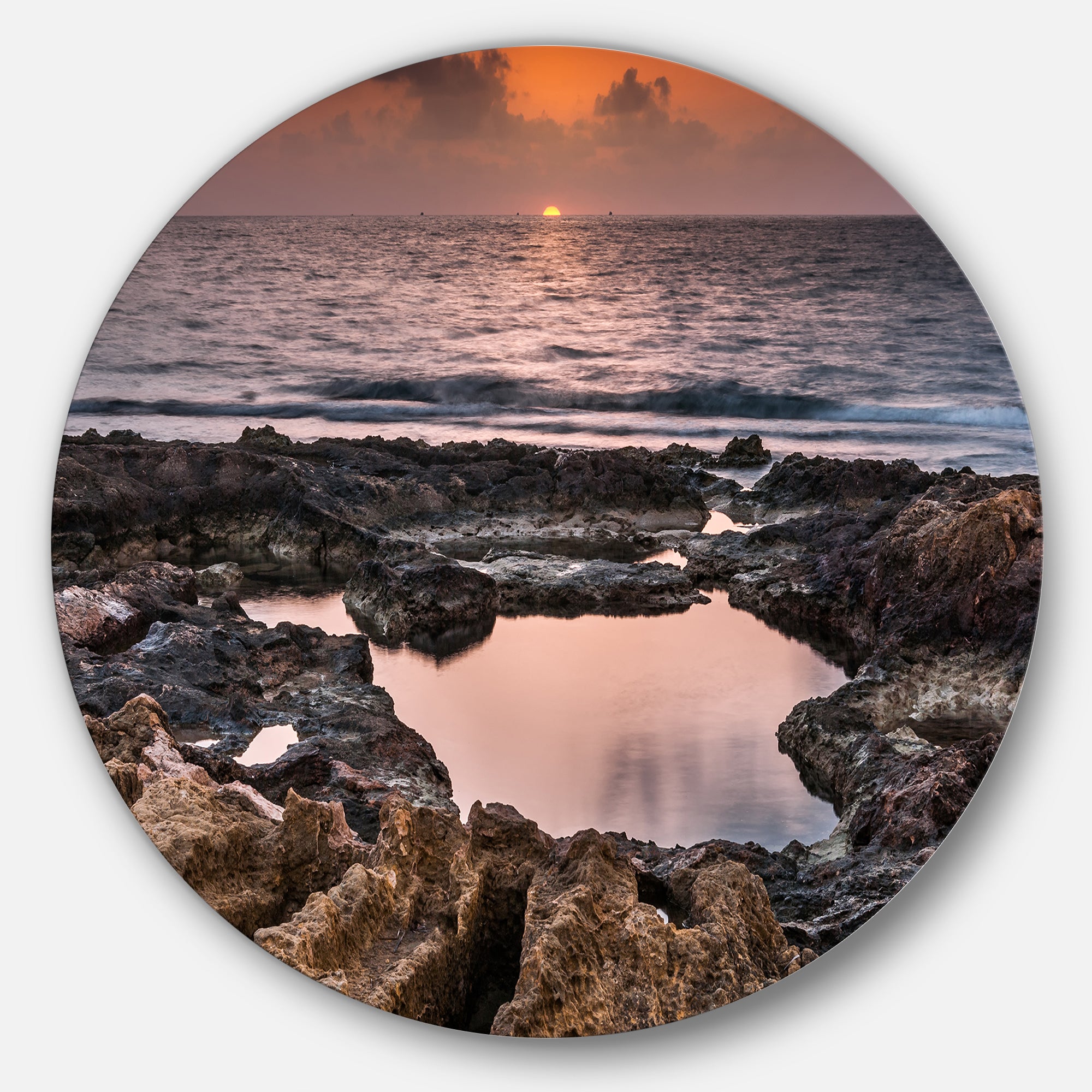 Rocky African Coastline Sunset' Oversized Beach Metal Circle Wall Art