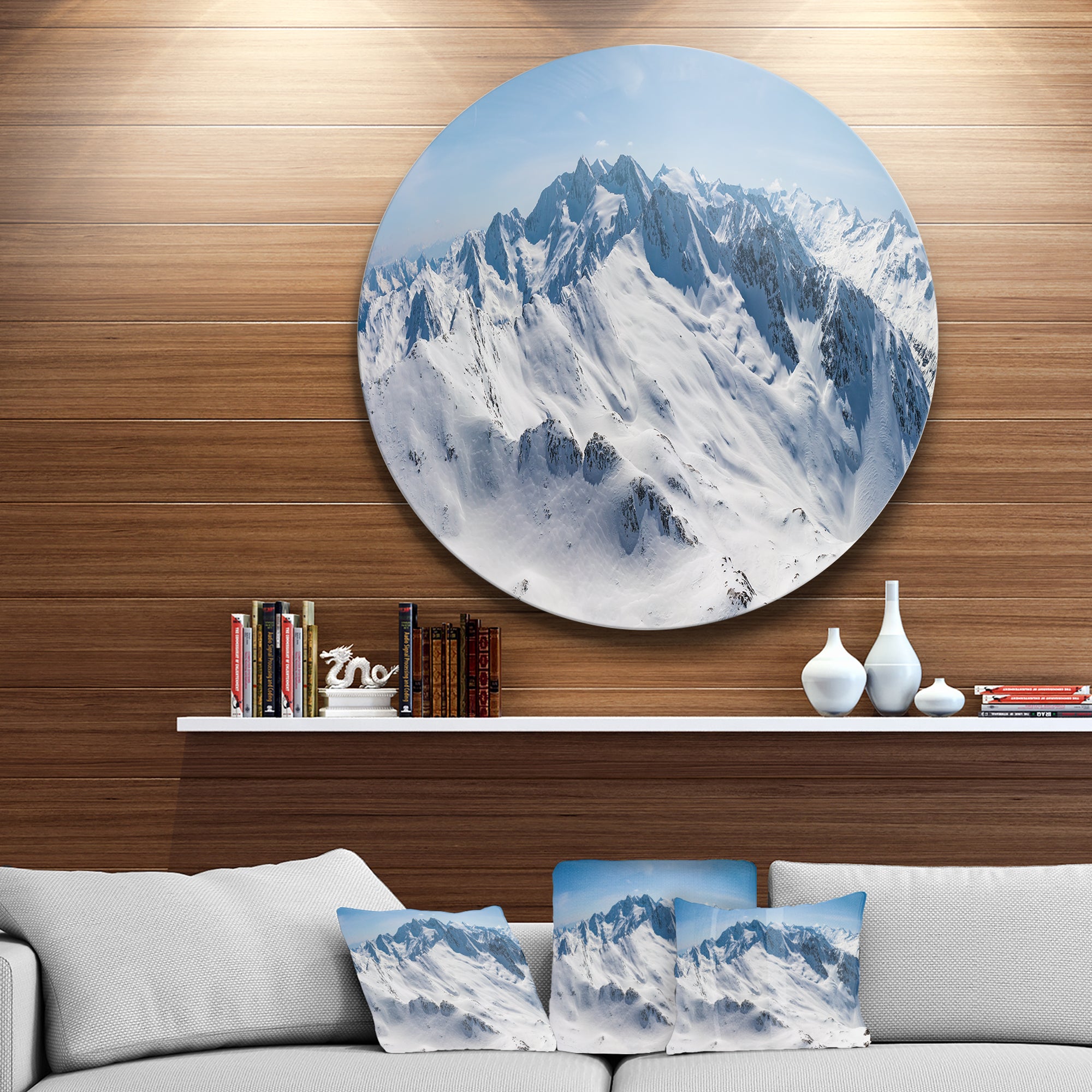 Snowy Mountains Panoramic View' Landscape Metal Circle Wall Art