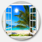 Window Open to Beach with Palm' Extra Large Seashore Metal Circle Wall Art