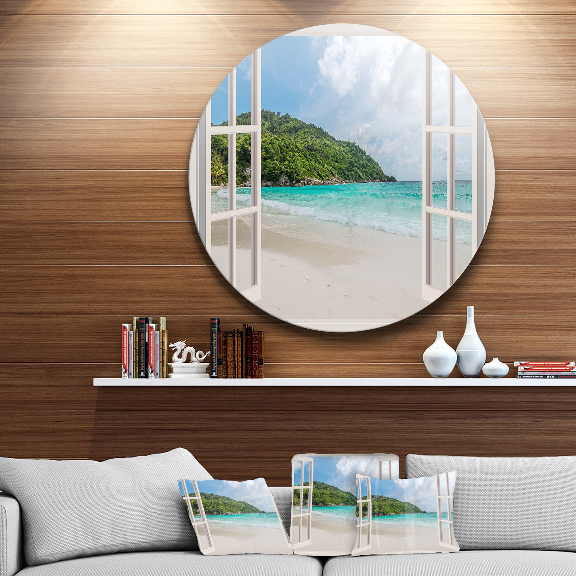 Open Window to Calm Seashore' Extra Large Seashore Metal Circle Wall Art