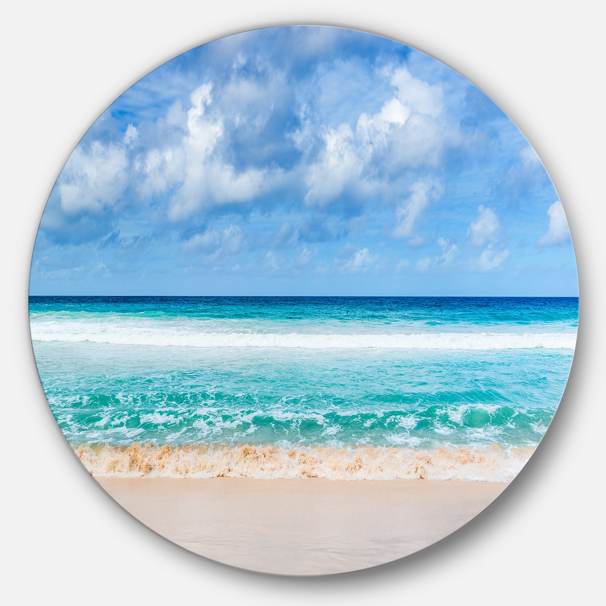 Tranquil Beach under White Clouds' Seascape Metal Artwork