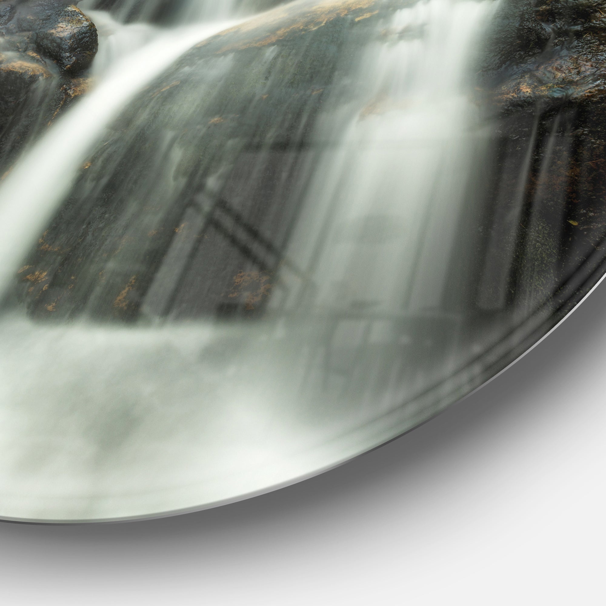 Slow Motion Waterfall on Rocks' Landscape Metal Circle Wall Art