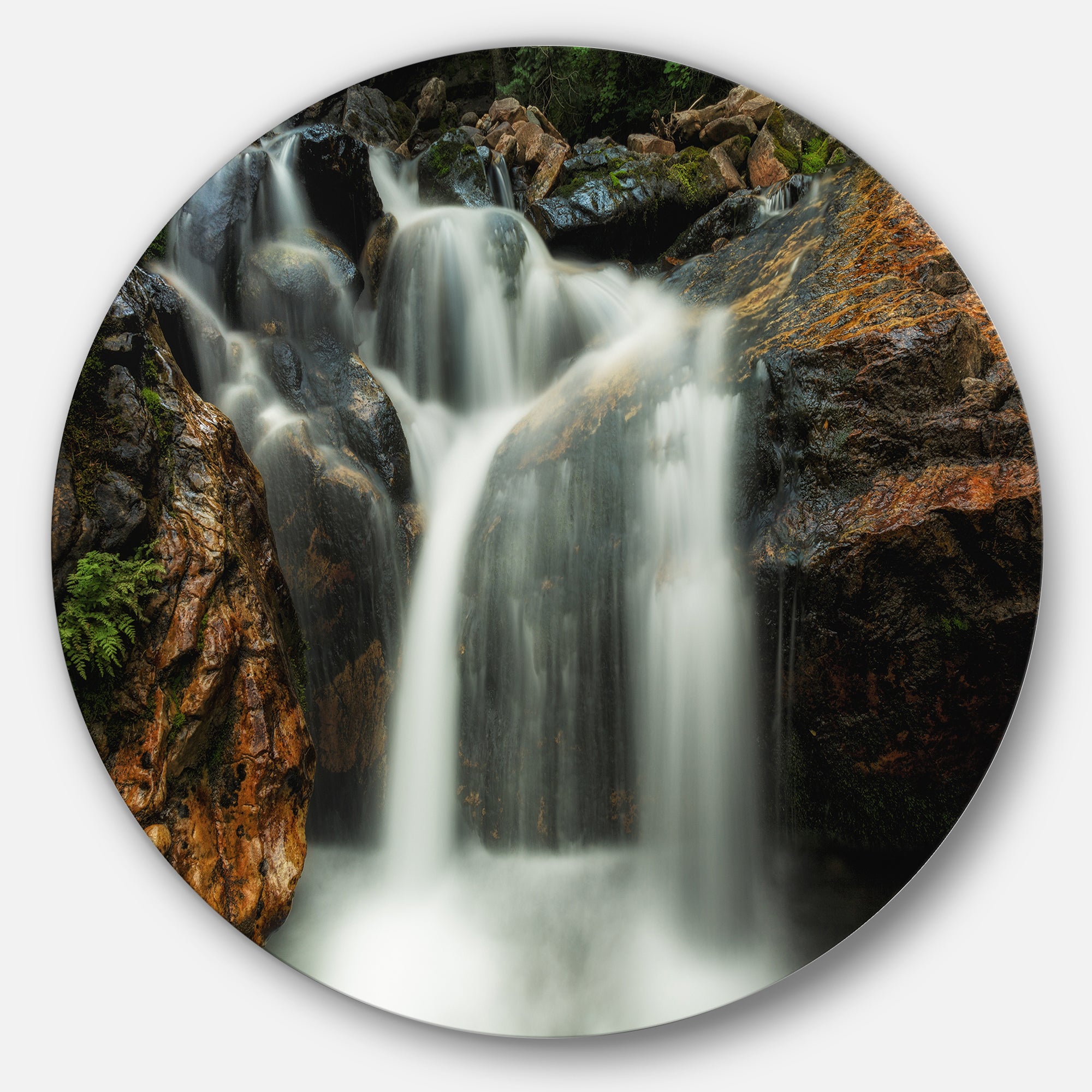 Slow Motion Waterfall on Rocks' Landscape Metal Circle Wall Art