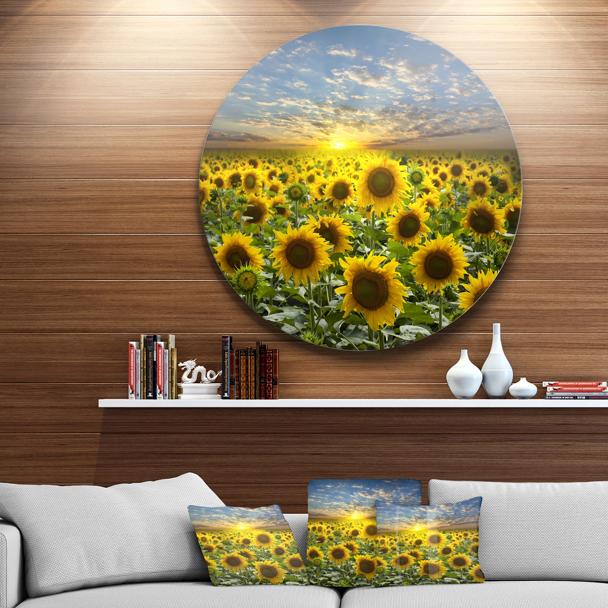 Field of Blooming Sunflowers' Large Flower Metal Circle Wall Art
