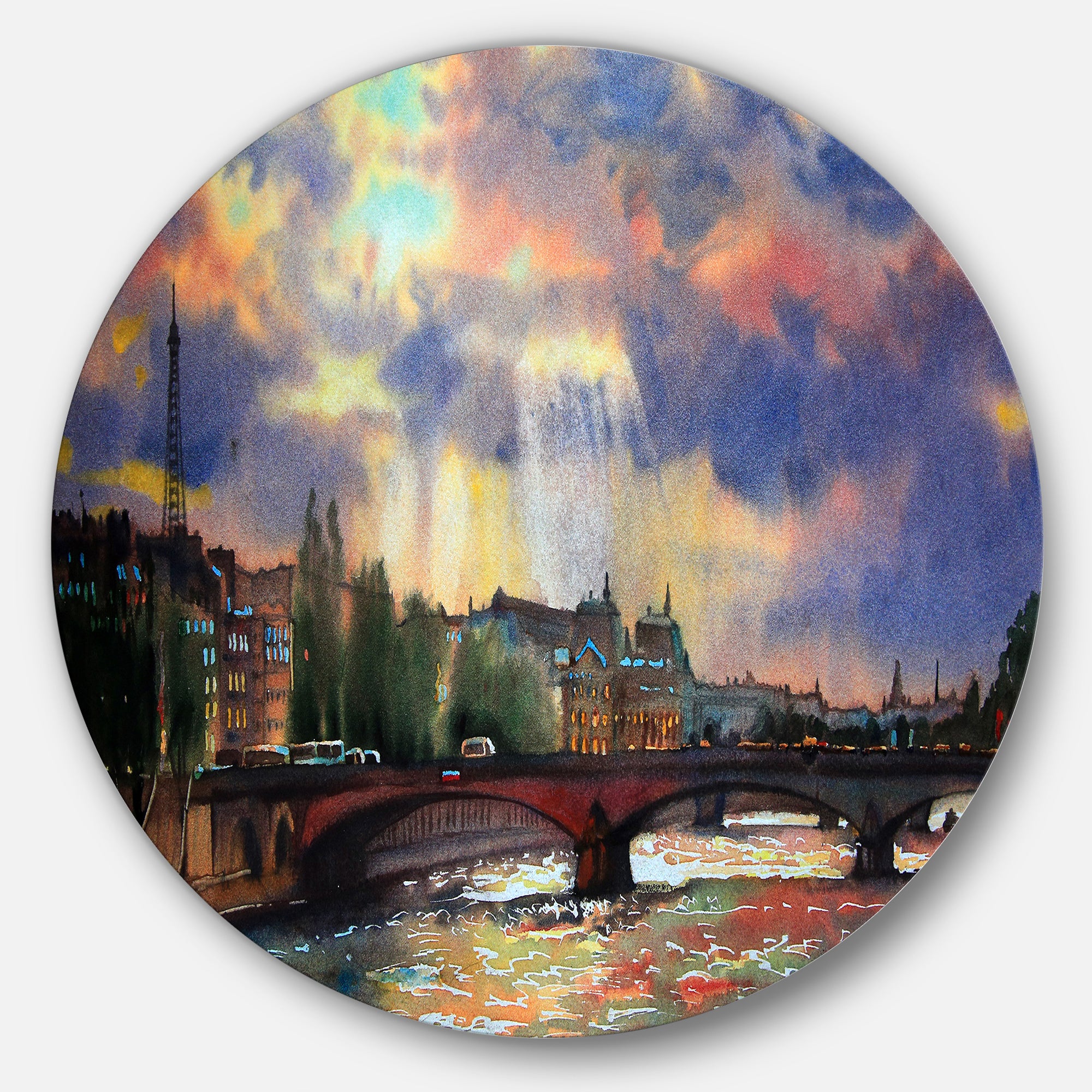 Fabulous Paris City Watercolor' Large Photography Metal Circle Wall Art