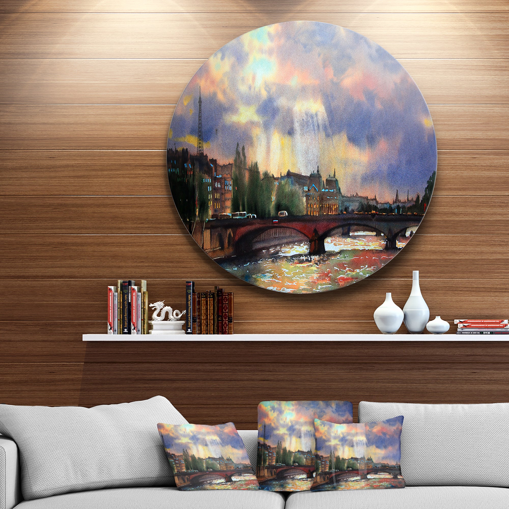Fabulous Paris City Watercolor' Large Photography Metal Circle Wall Art