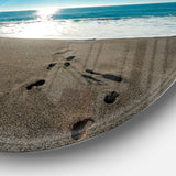 Blue Sea and Footprints in Sand' Large Seascape Art Metal Circle Wall Art