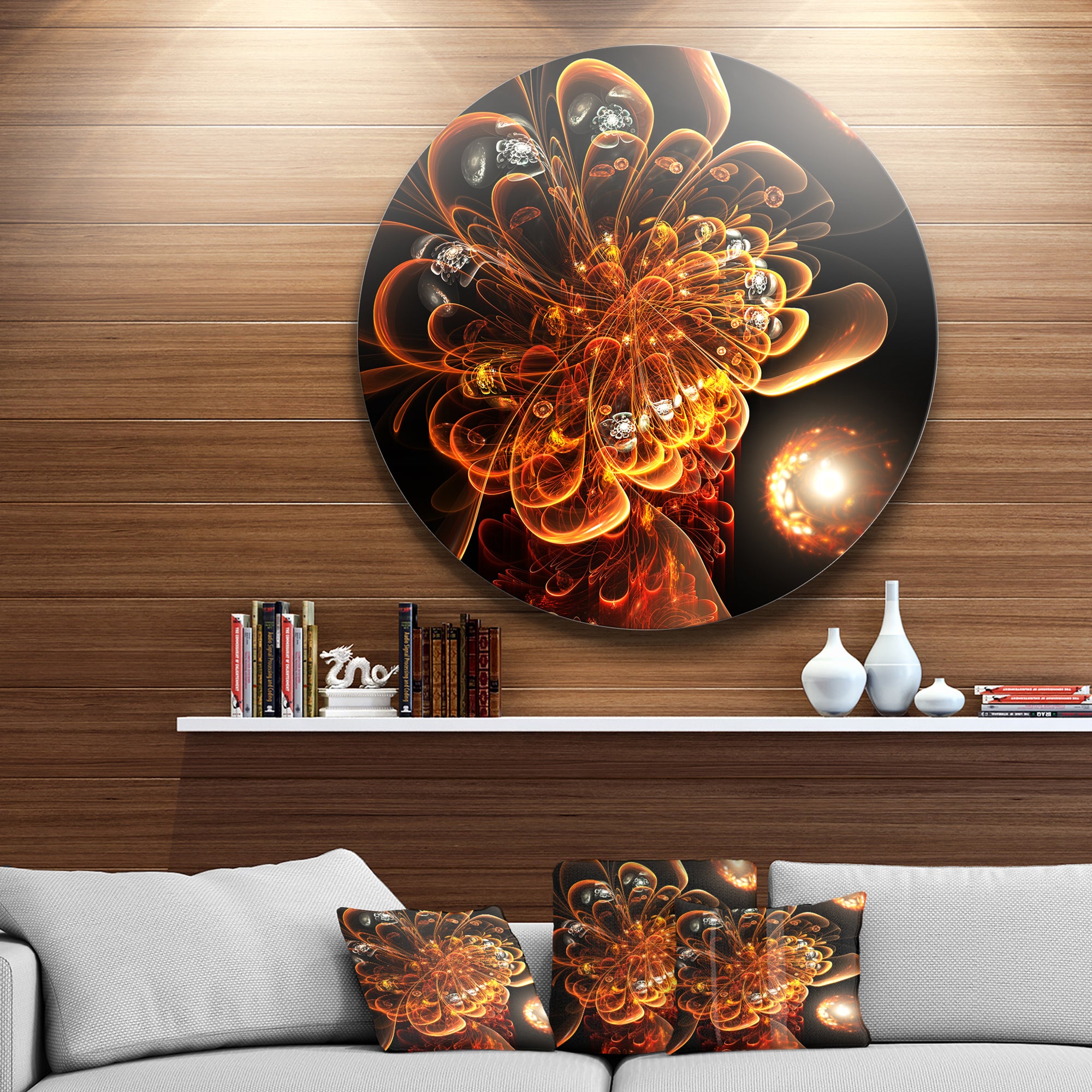 Dark Orange Fractal Flower Digital Art' Floral Metal Circle Wall Art