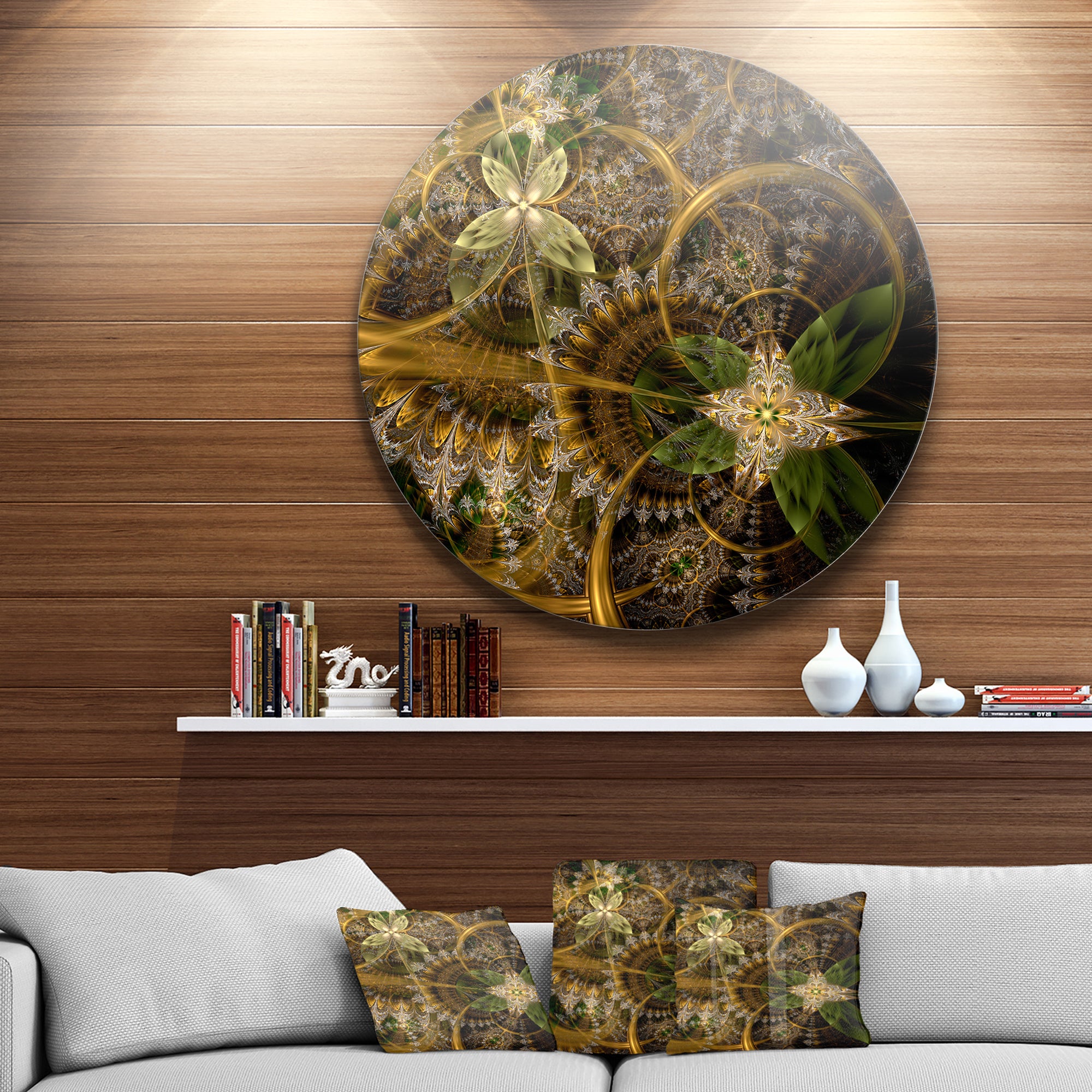 Green Gold Digital Art Fractal Flower' Floral Metal Circle Wall Art