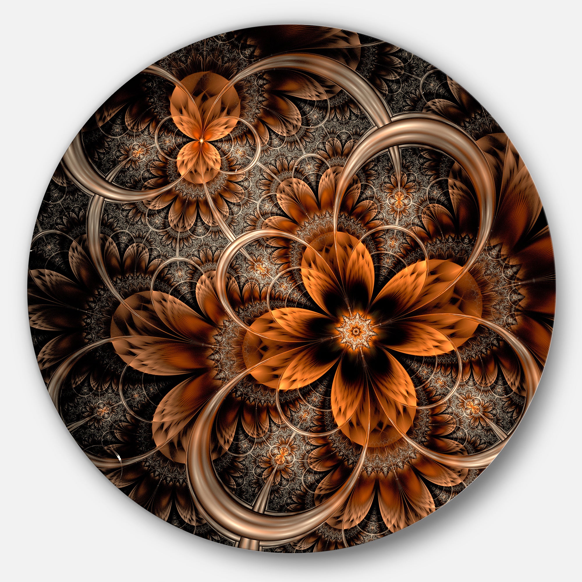 Dark Orange Digital Art Fractal Flower' Floral Metal Circle Wall Art