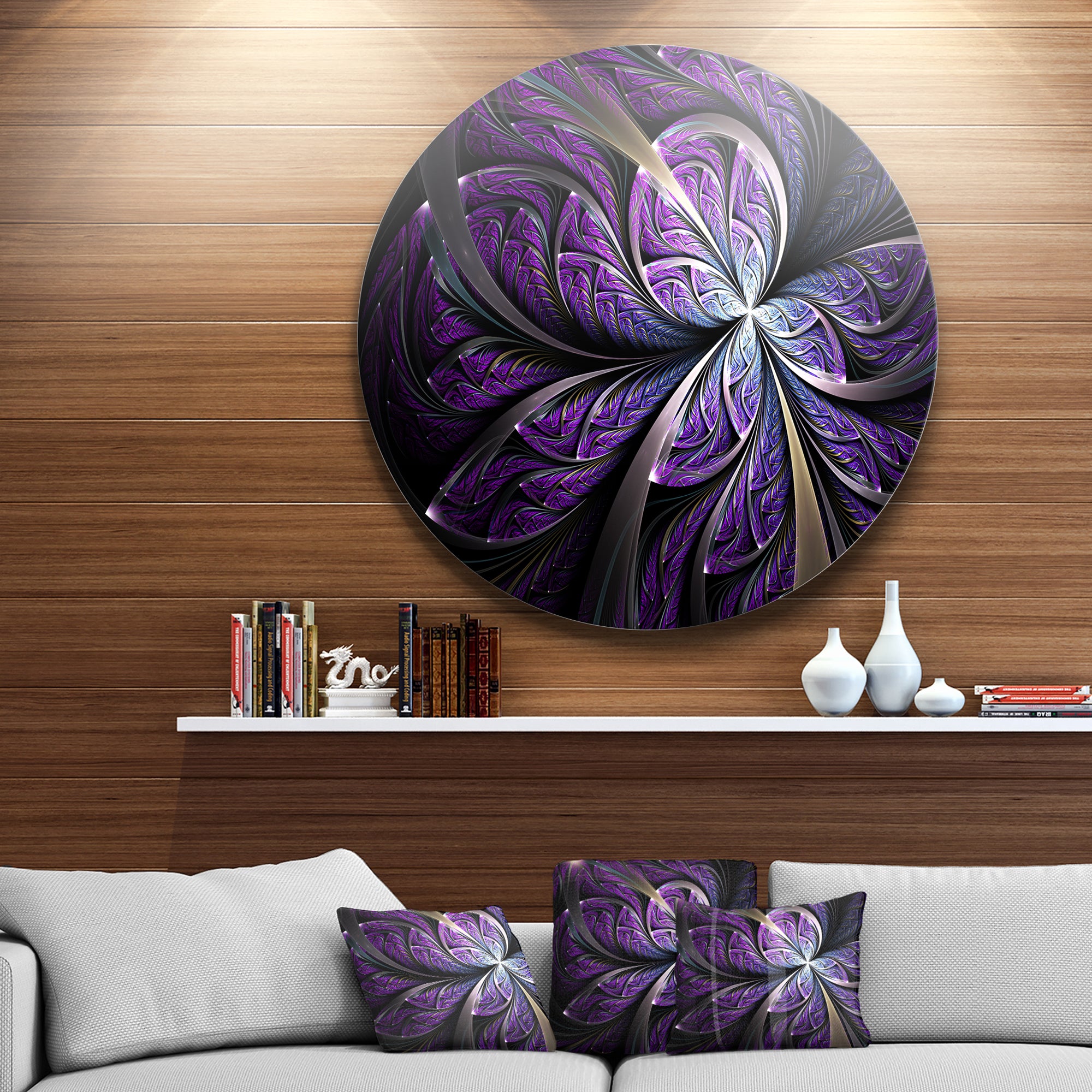 Glittering Purple Fractal Flower' Floral Metal Circle Wall Art