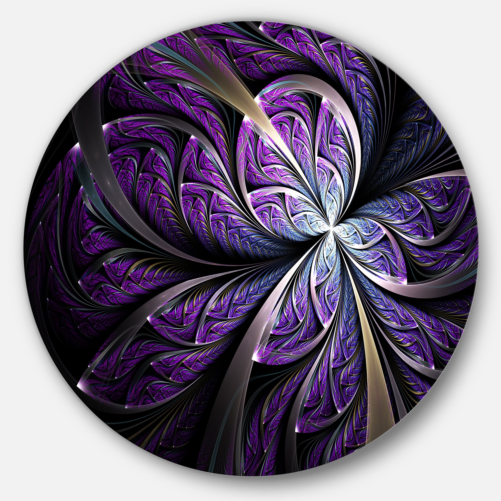 Glittering Purple Fractal Flower' Floral Metal Circle Wall Art