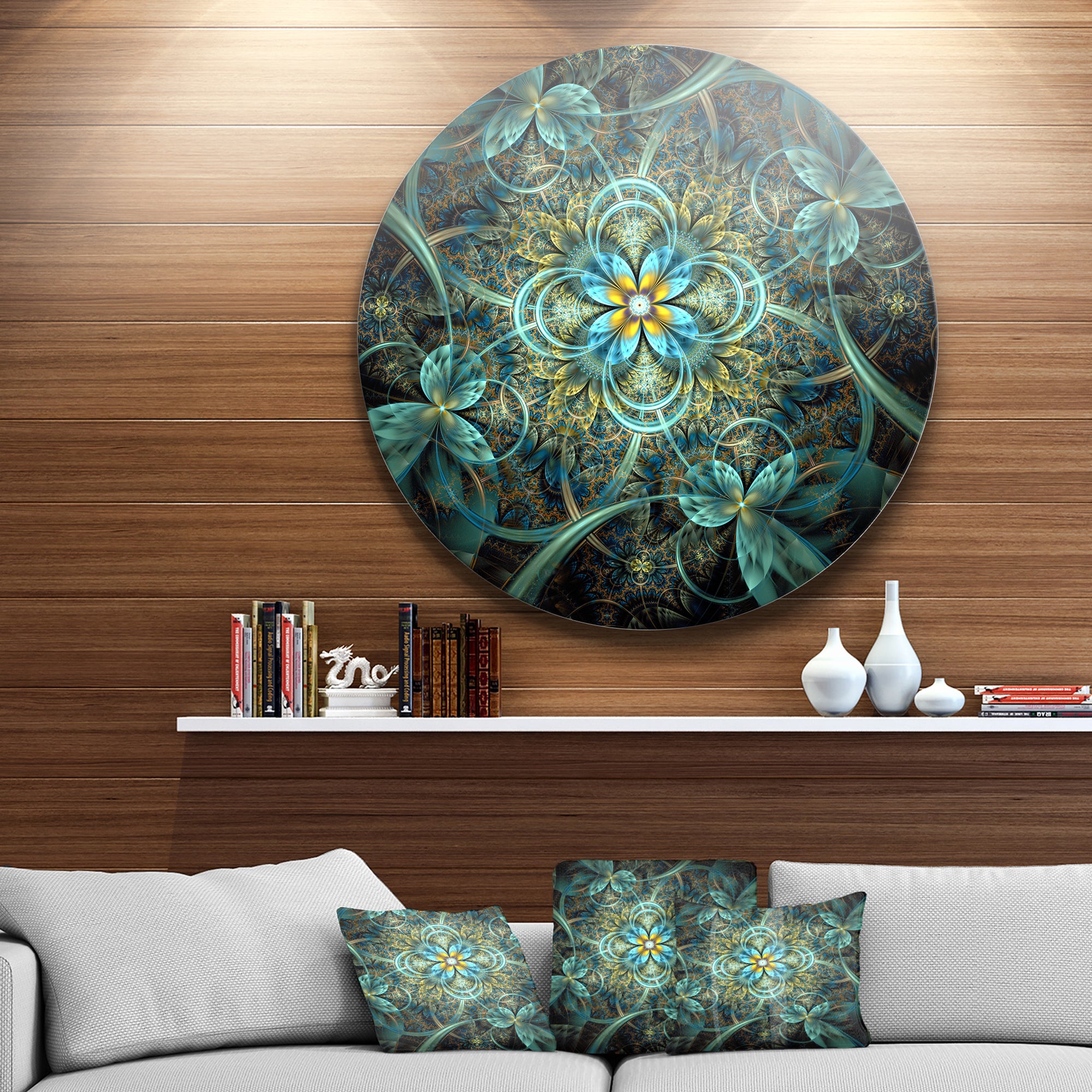 Glittering Dark Orange Fractal Flower' Floral Metal Circle Wall Art