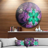 Glittering Purple Green Fractal Flower' Floral Metal Circle Wall Art