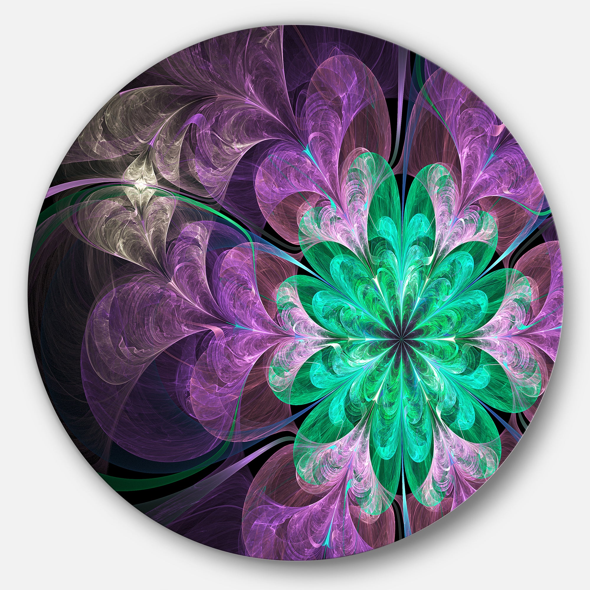 Glittering Purple Green Fractal Flower' Floral Metal Circle Wall Art