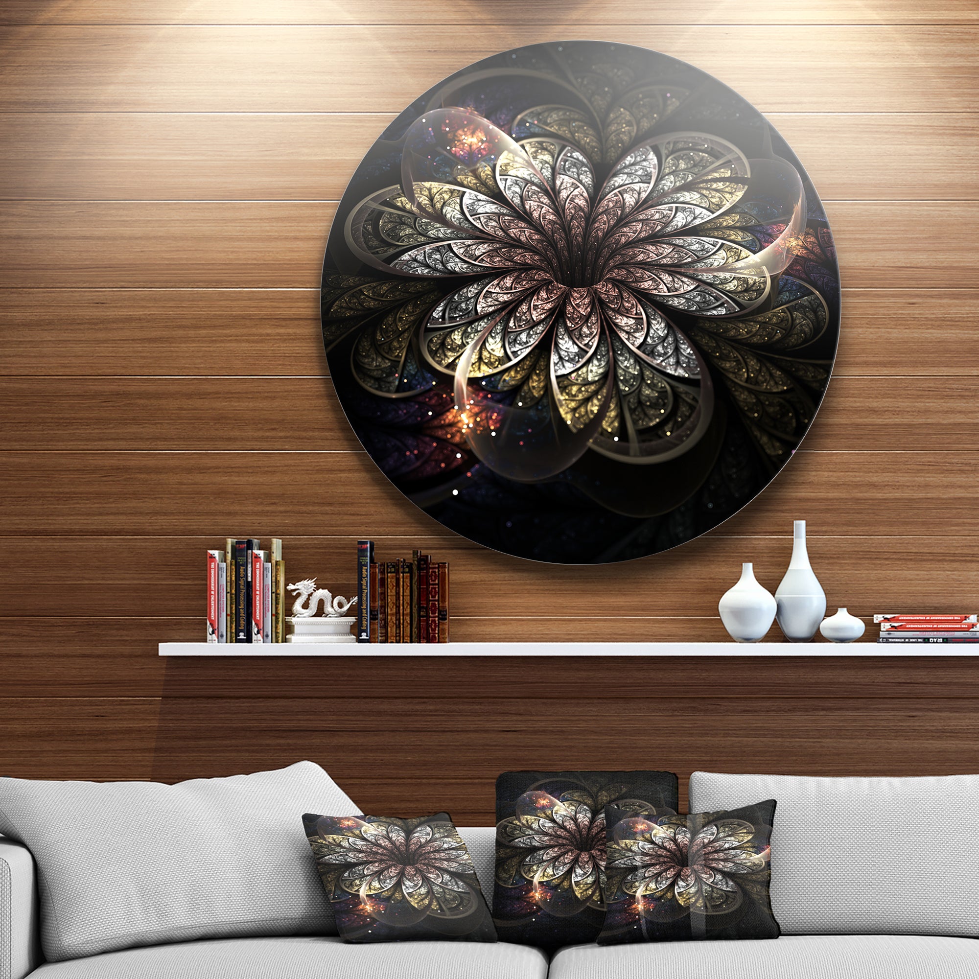 Rounded Glowing Golden Fractal Flower' Floral Metal Circle Wall Art