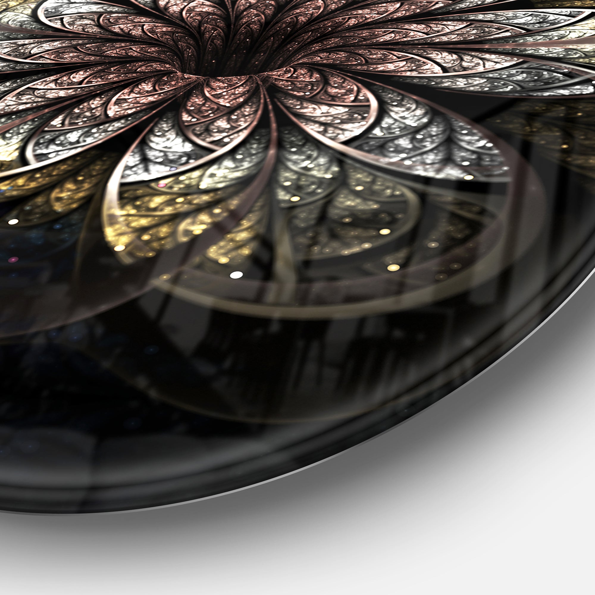 Rounded Glowing Golden Fractal Flower' Floral Metal Circle Wall Art