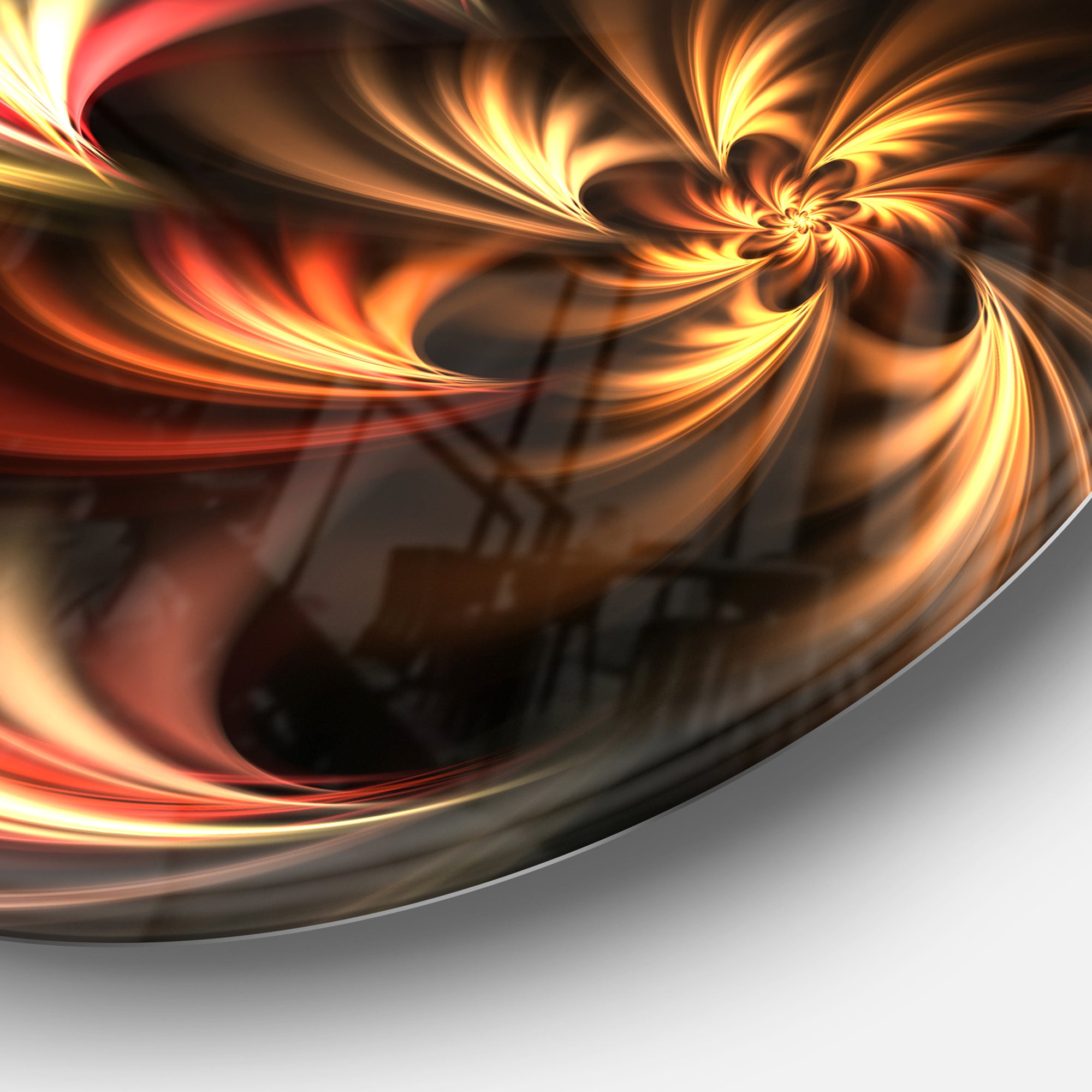 Glossy Yellow and Red Fractal Flower' Floral Metal Circle Wall Art
