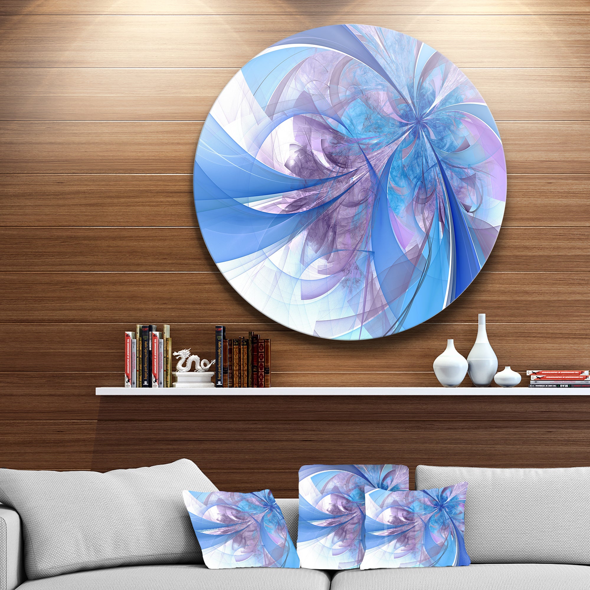 Light Blue and Purple Fractal Flower' Floral Metal Circle Wall Art