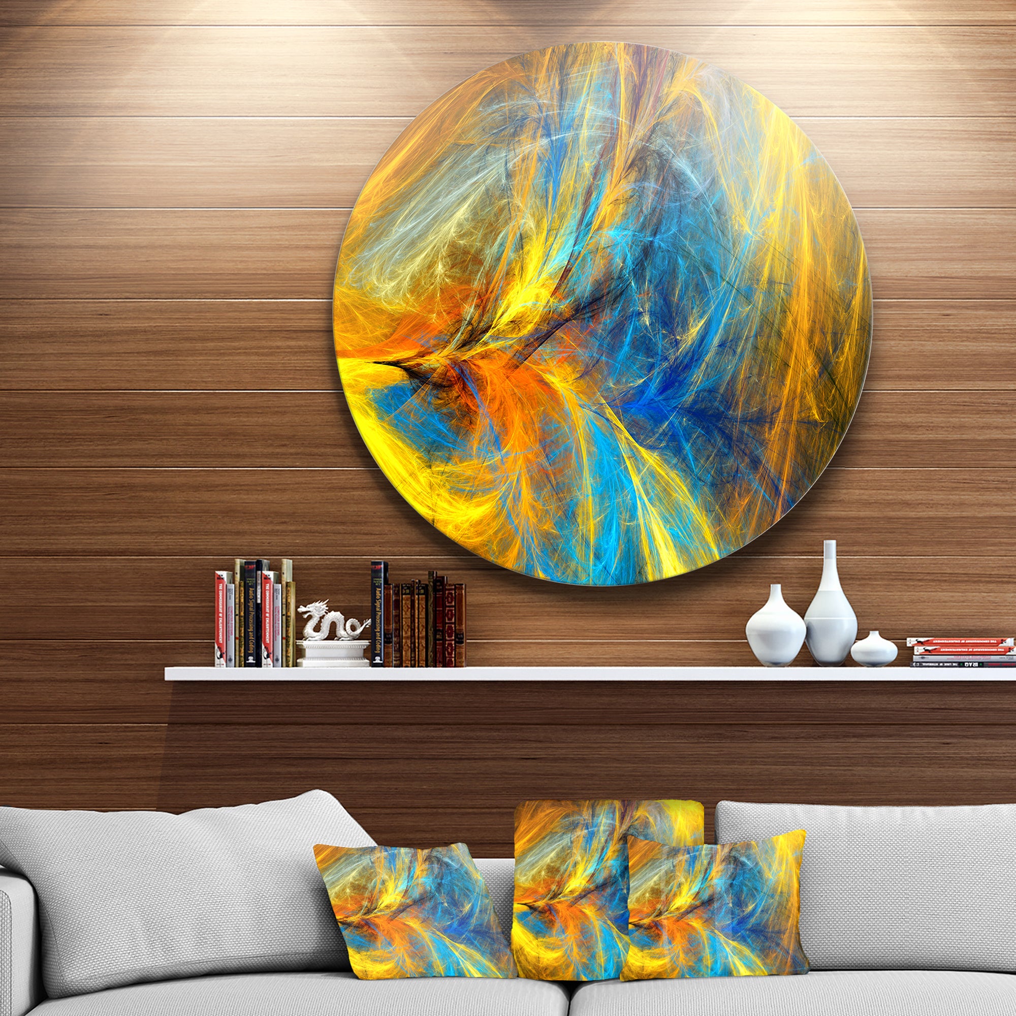 Gold and Blue Psychedelic Pattern' Abstract Metal Circle Wall Art
