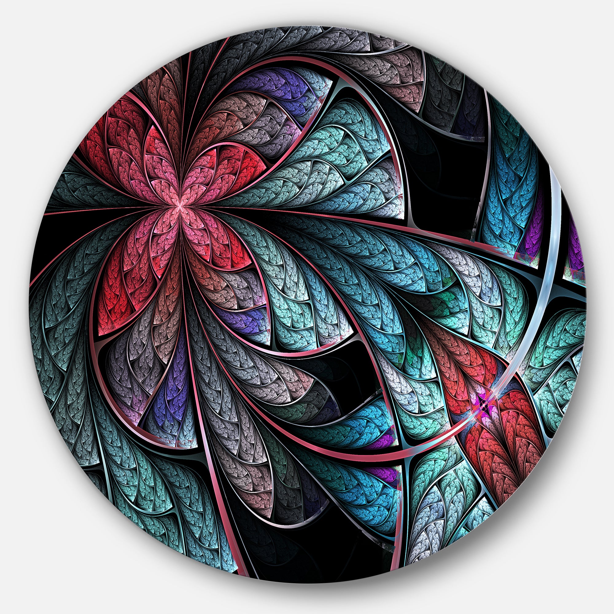 Turquoise and Red Fractal Flower Pattern' Floral Metal Circle Wall Art