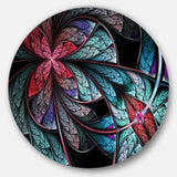 Turquoise and Red Fractal Flower Pattern' Floral Metal Circle Wall Art
