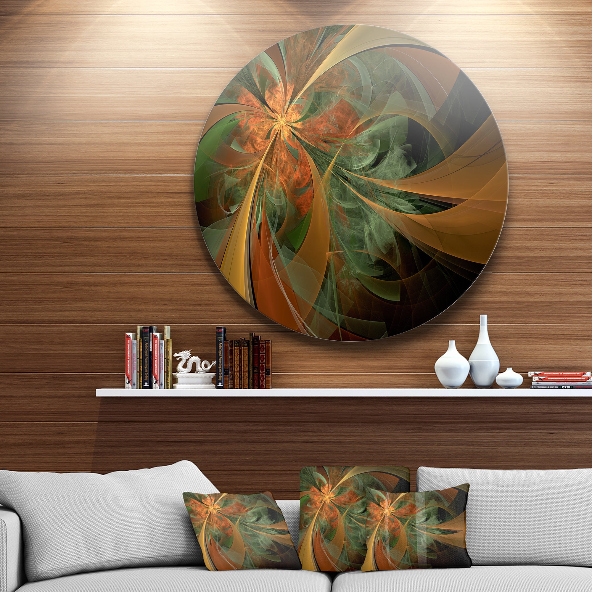 Symmetrical Orange Digital Fractal Flower' Floral Metal Circle Wall Art