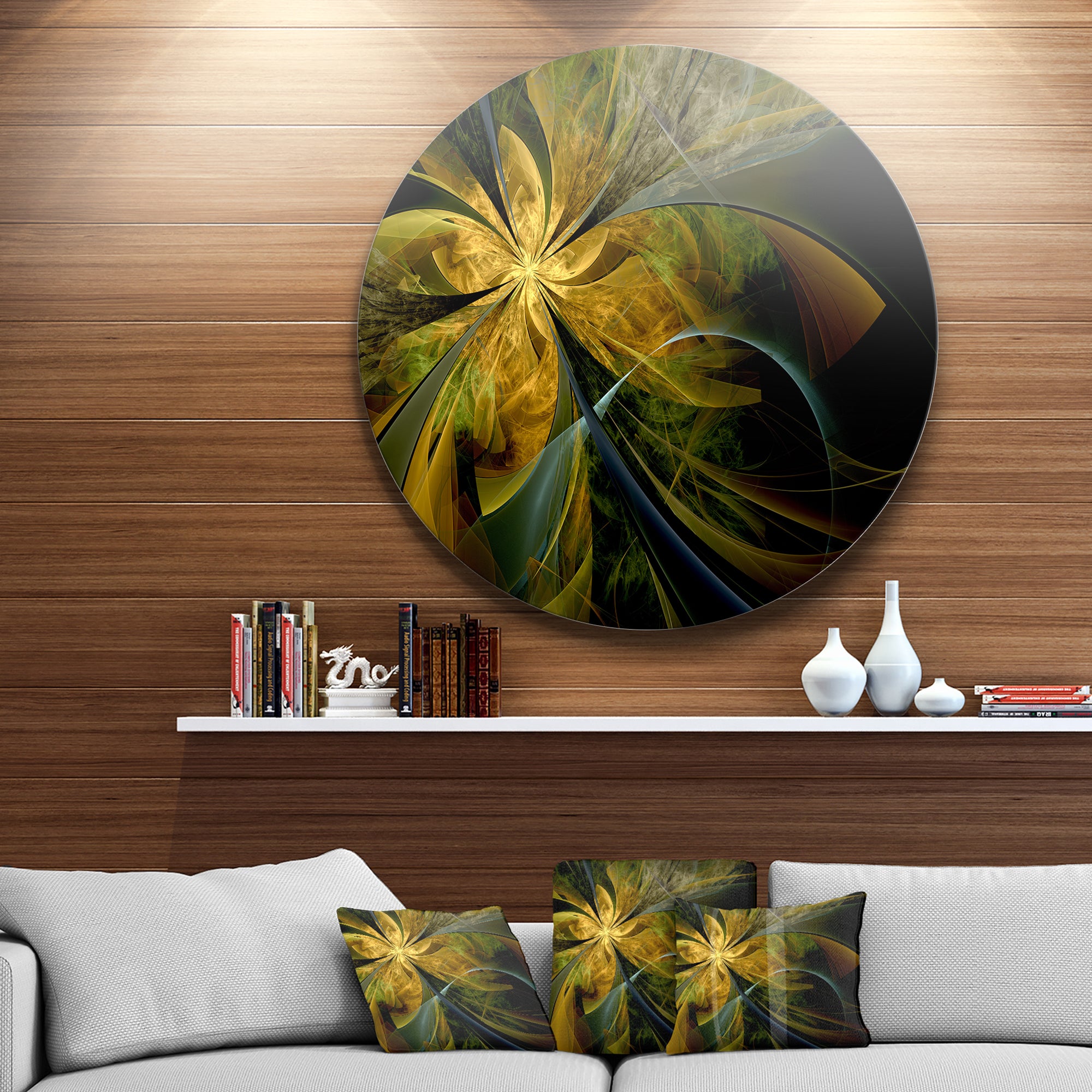 Symmetrical Fractal Flower in Gold' Floral Metal Circle Wall Art