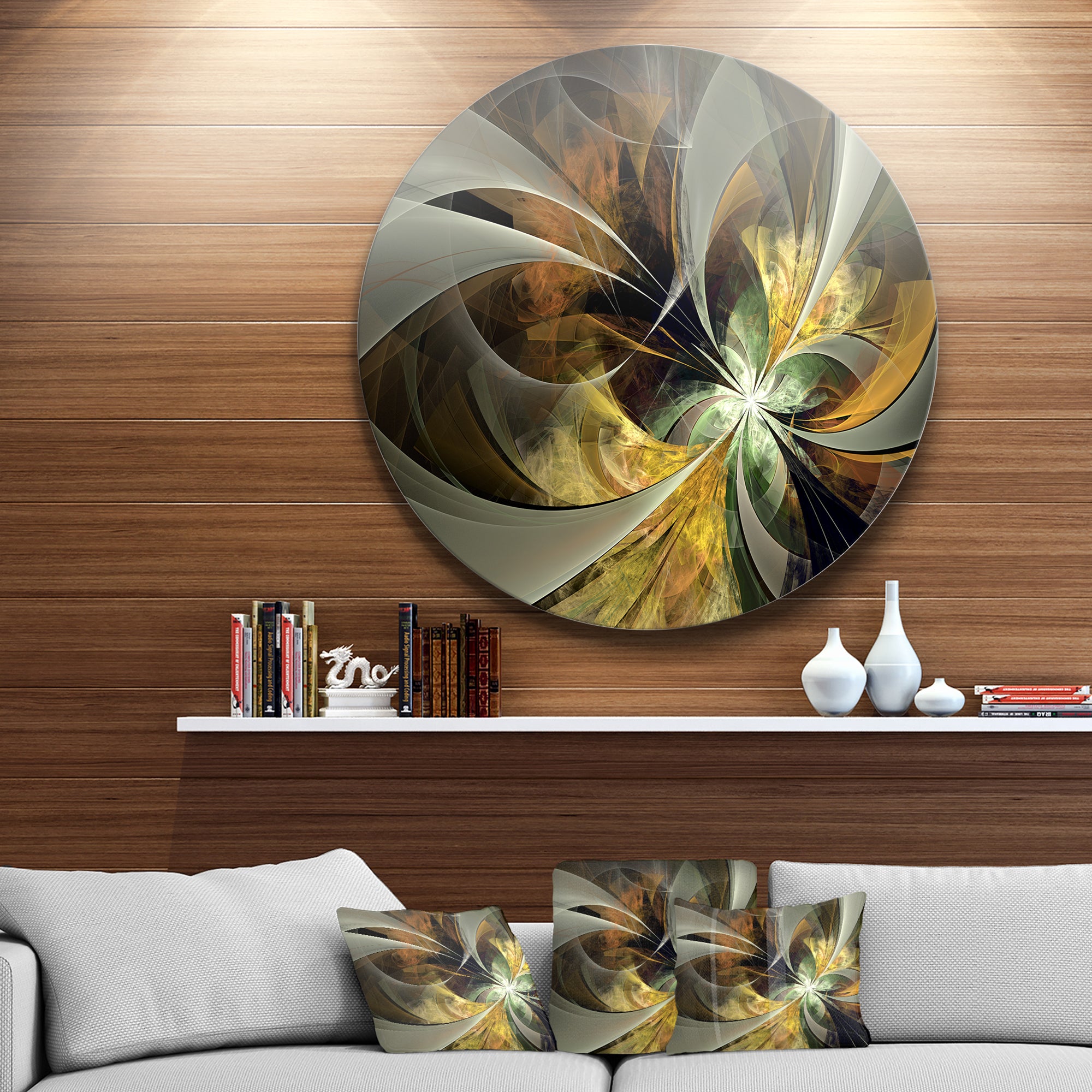 Symmetrical Gold Fractal Flower' Floral Metal Circle Wall Art