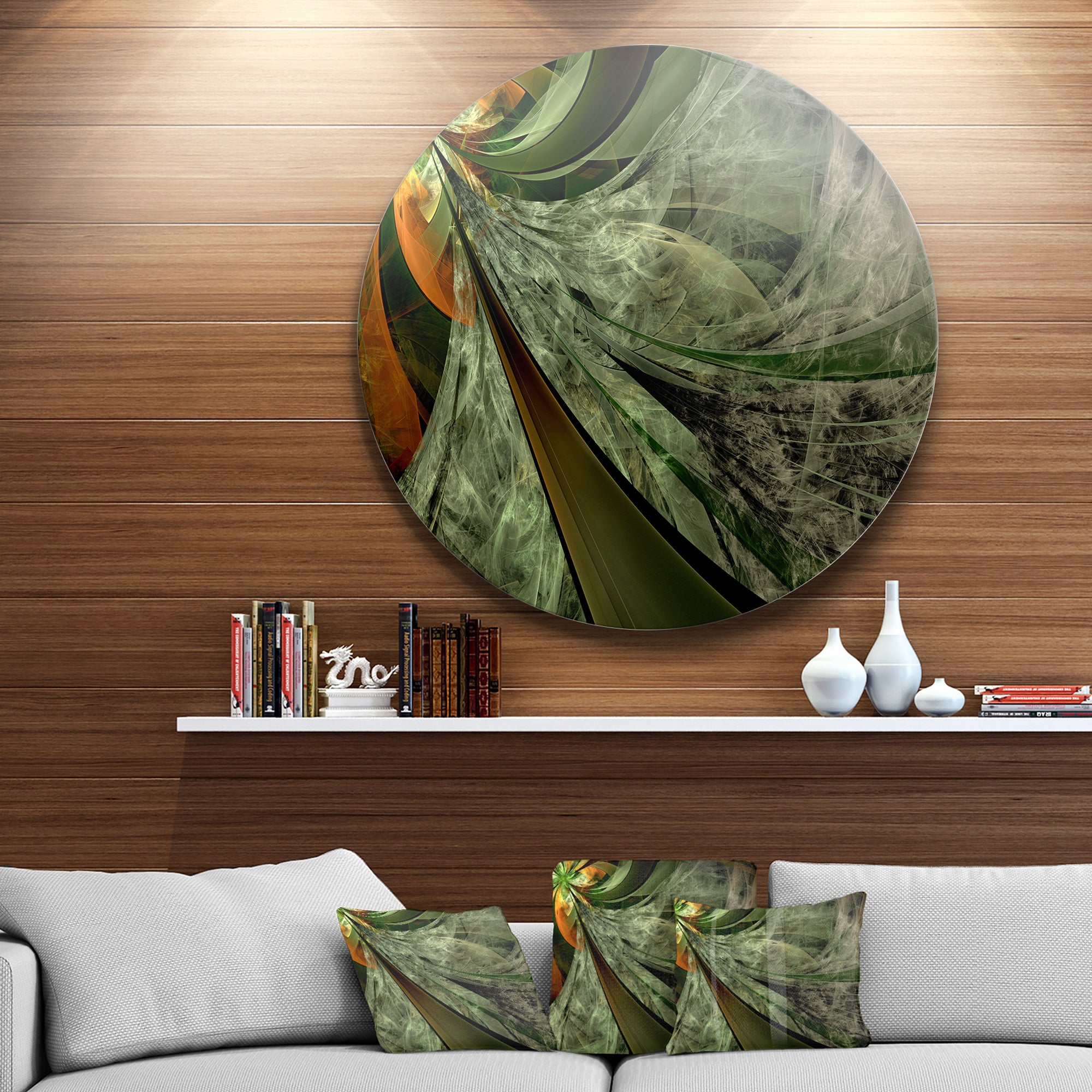 Green and Yellow Glossy Fractal Flower' Floral Metal Circle Wall Art