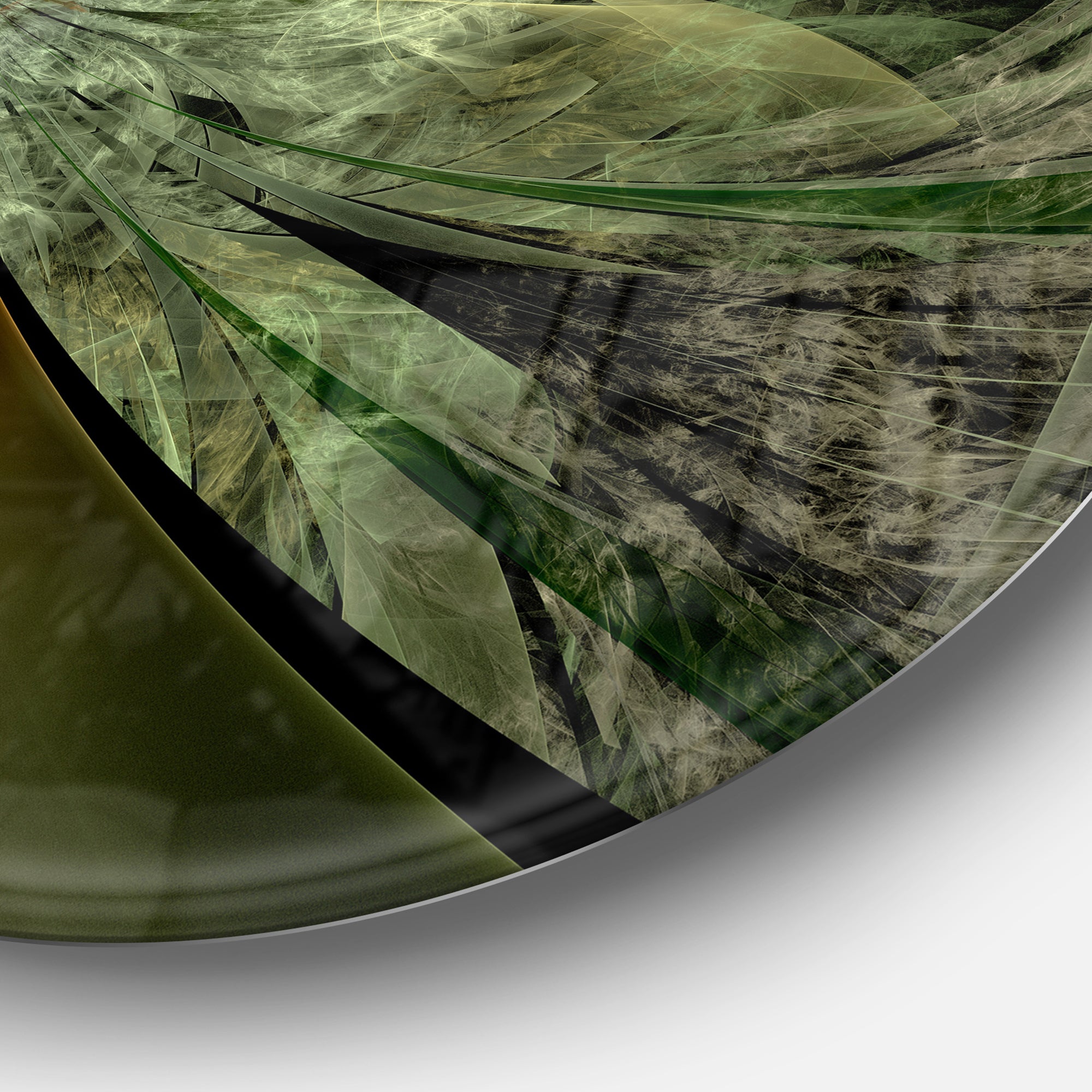 Green and Yellow Glossy Fractal Flower' Floral Metal Circle Wall Art