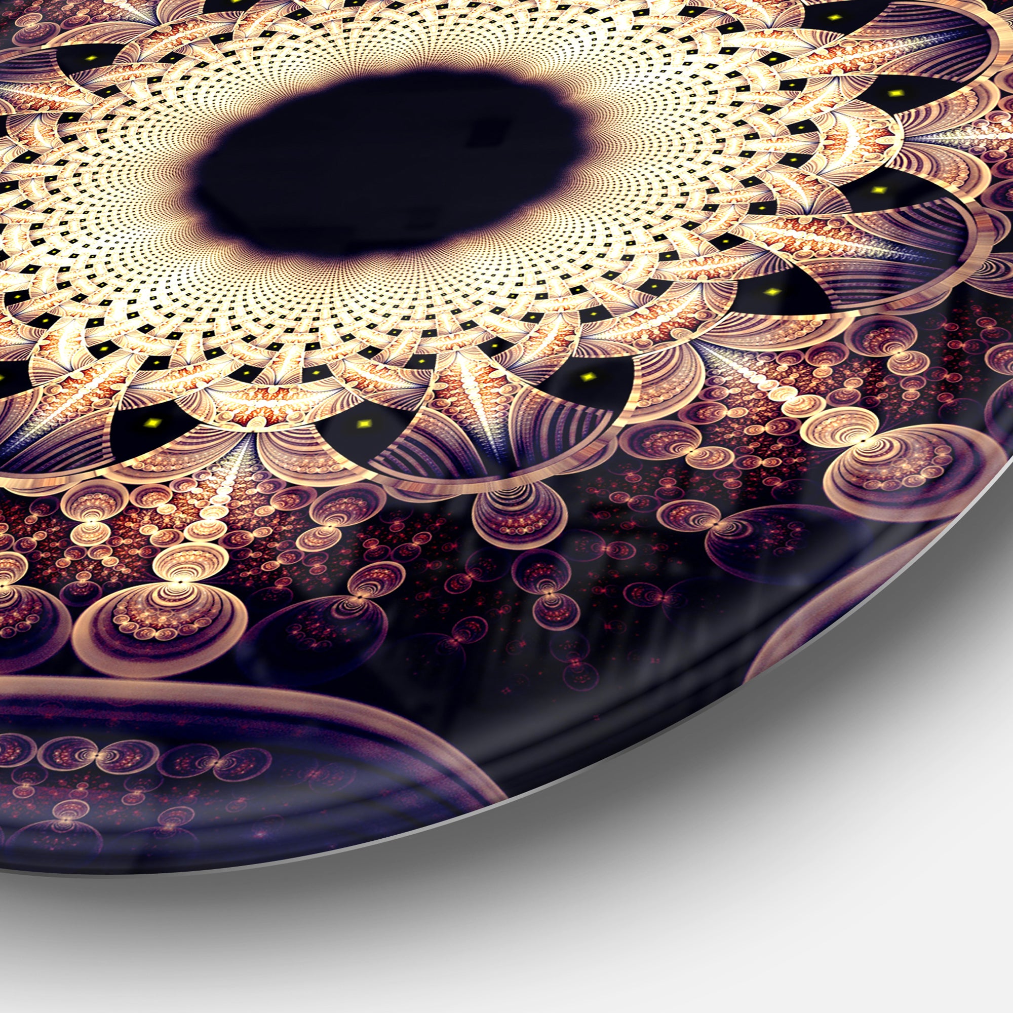 Rounded Symmetrical Yellow Fractal Flower' Floral Metal Circle Wall Art