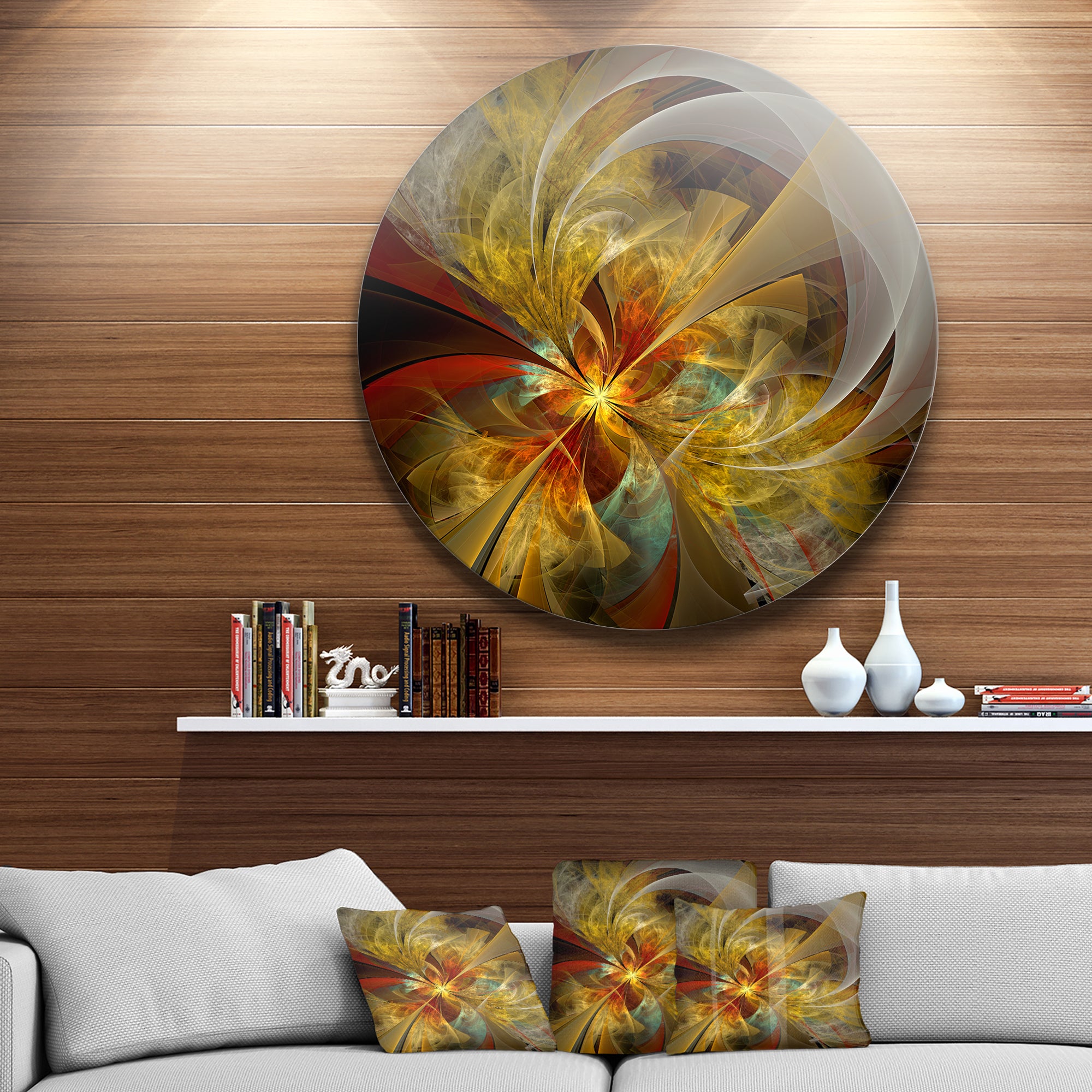 Bright Yellow Symmetrical Flower Design' Floral Metal Circle Wall Art